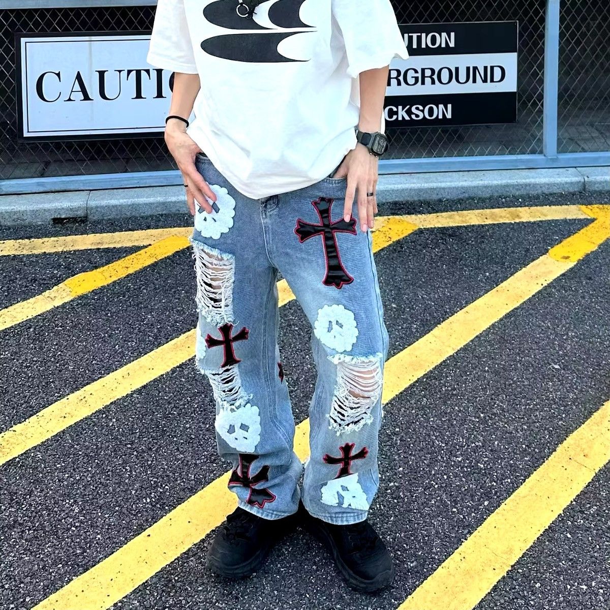 Designer × Jean High street heavy embroidered ripped straight cross jeans Size US 32 / EU 48 - 8 Thumbnail