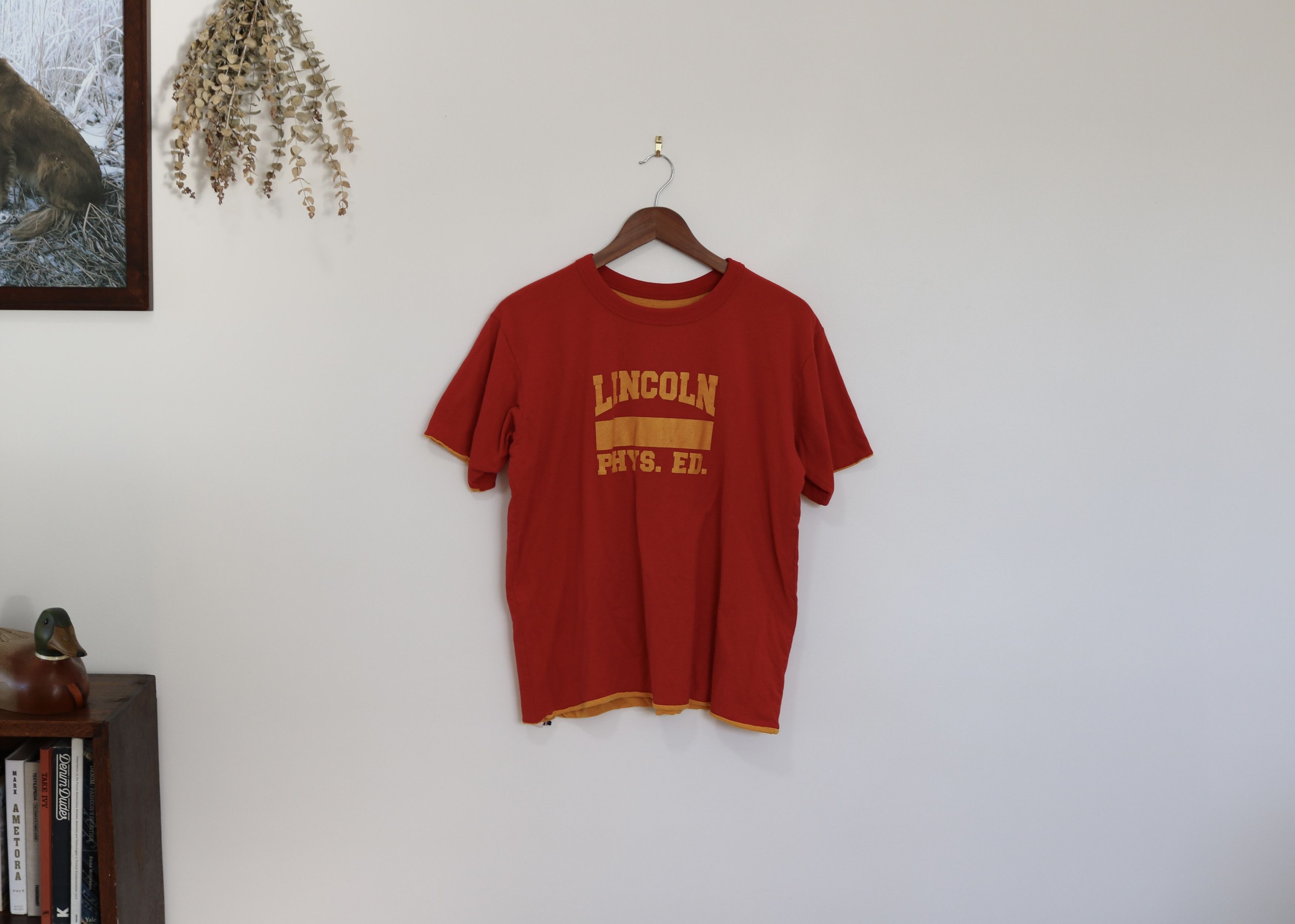 image of Buzz Ricksons x Freewheelers Vintage Lincoln Physical Education Reversible Tee in Red/Yellow (Size 