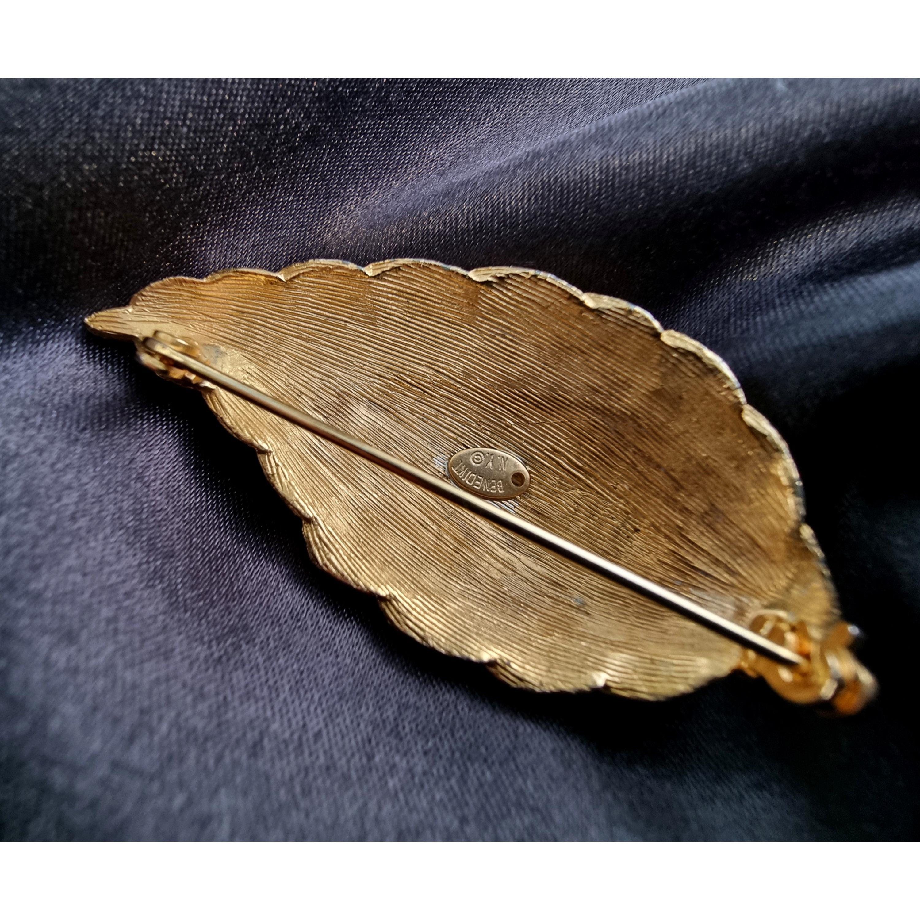 Other Vintage Benedikt NY Signed Gold Tone Clear Crystals Big Leaf Size ONE SIZE - 4 Thumbnail