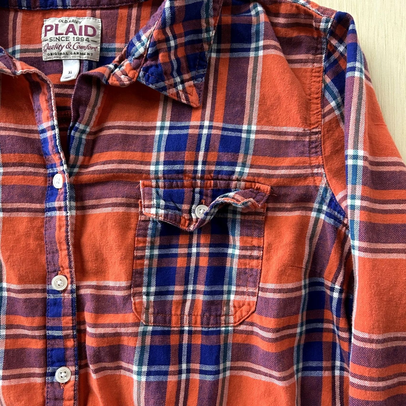 Old Navy Old Navy Plaid Flannel Shirt Mens XL Orange Blue Long Sleeve Casual Button Up Size US XL / EU 56 / 4 - 2 Thumbnail
