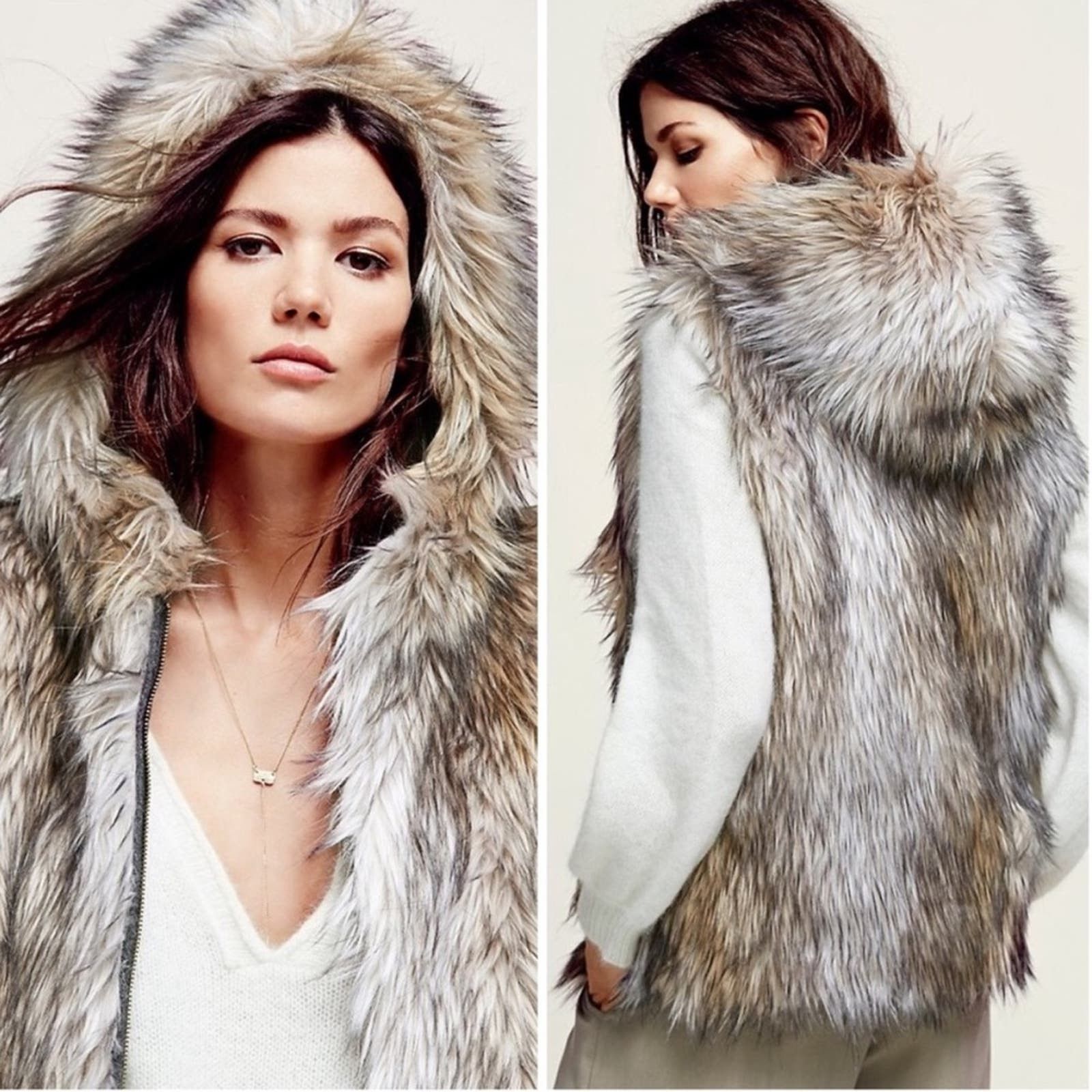 image of New Free People 6 Shore Road Faux Fur Vest Hood Pockets Grey in Cream, Women's (Size Medium)