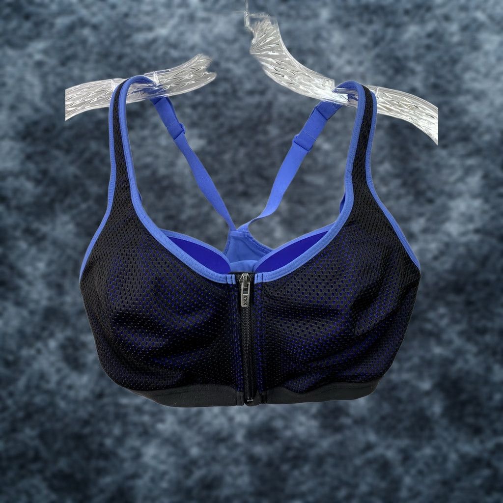 Victoria's Secret Victoria's Secret VSX Sports Bra 34D Blue Black Zip Front T Back Lined Support Peded Racerback Padded Underwire High Size ONE SIZE - 1 Thumbnail