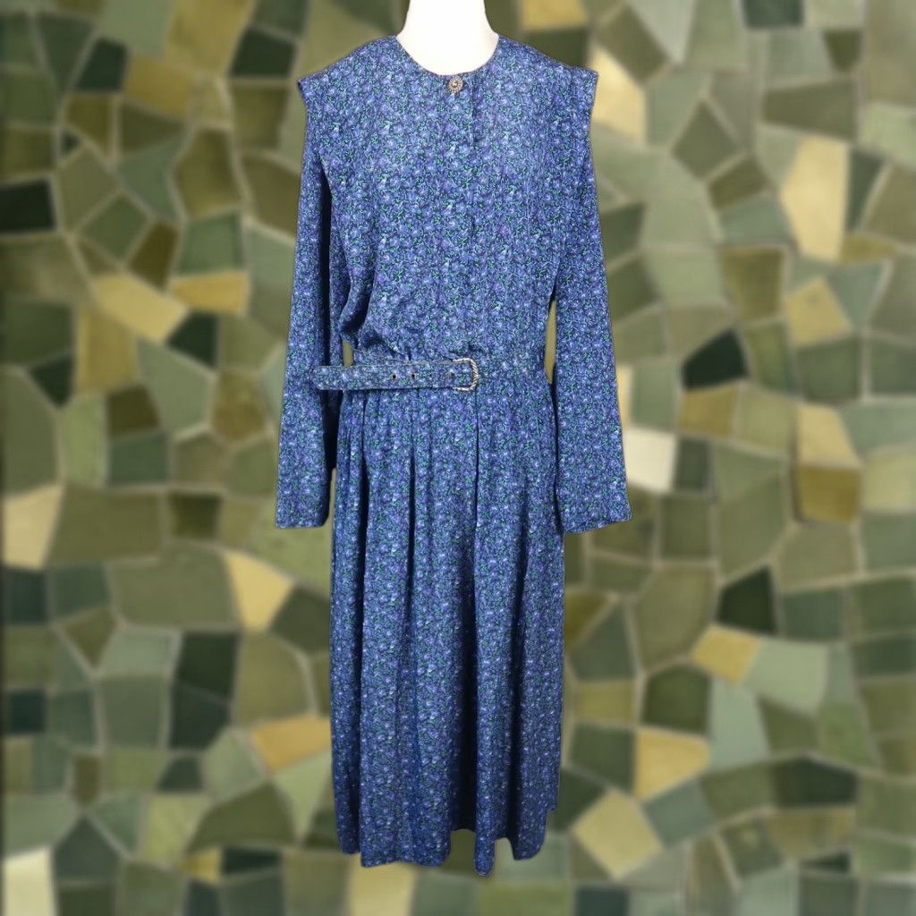 Vintage VINTAGE Leslie Fay Blue Floral Belted Blouson Midi Dress L 80s 90s Women Long Sleeve Office Workwear Casual Pattern Floral Hatchedbudget Size L / US 10 / IT 46 - 1 Thumbnail