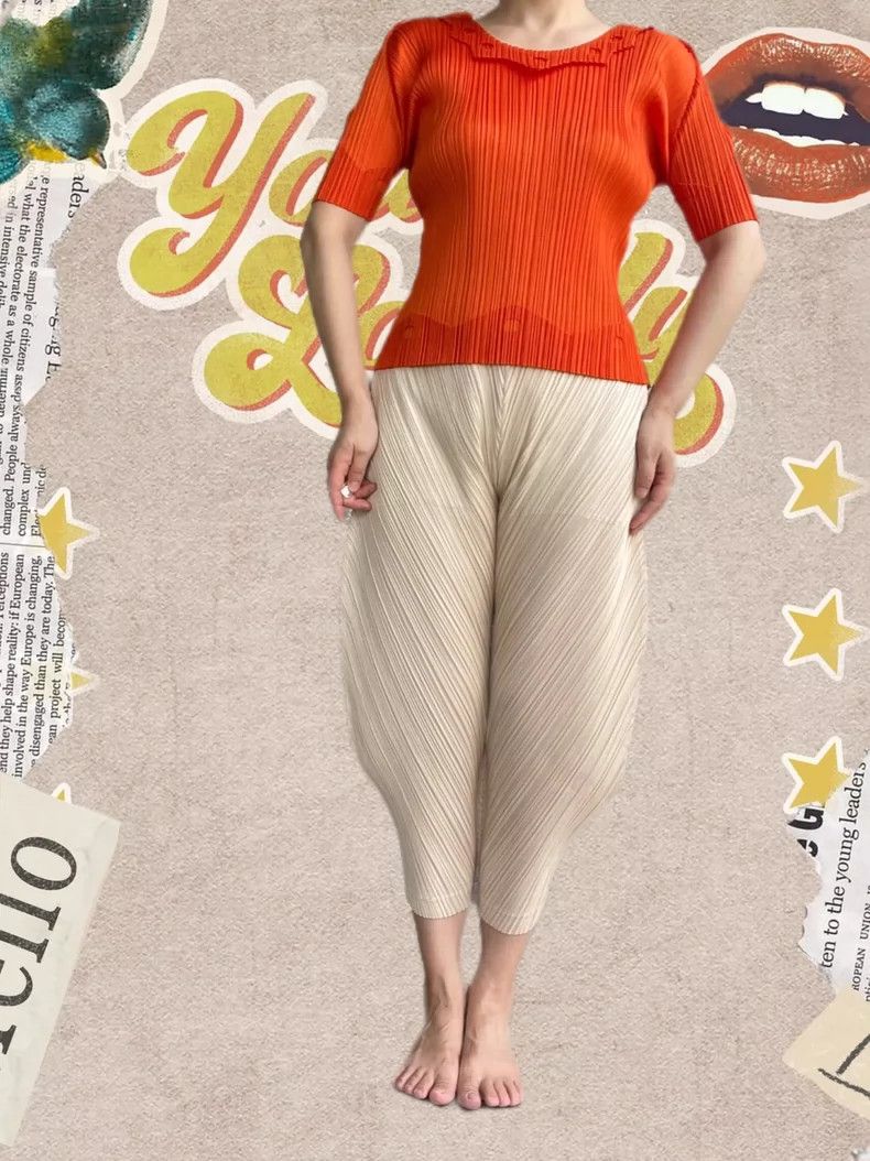 Issey Miyake Issey Miyake size:3 Orange lace collar short-sleeved top Size M / US 6-8 / IT 42-44 - 1 Thumbnail