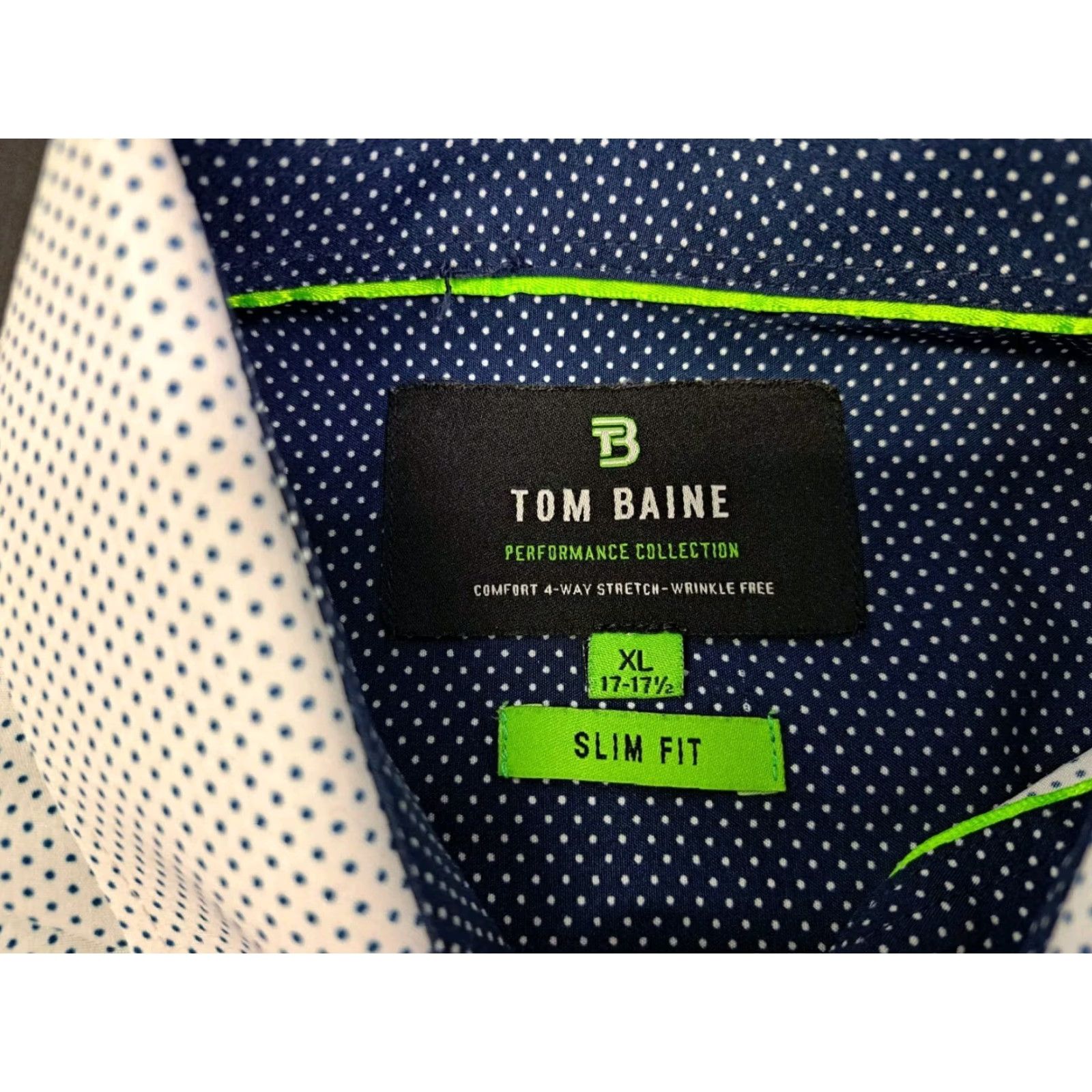 Vintage Tom Baine Mens Shirt XL Slim Performance Collection White/Blue dots Polka Dot All Seasons Button-Up 17-17.5 #6236 Size US XL / EU 56 / 4 - 2 Thumbnail