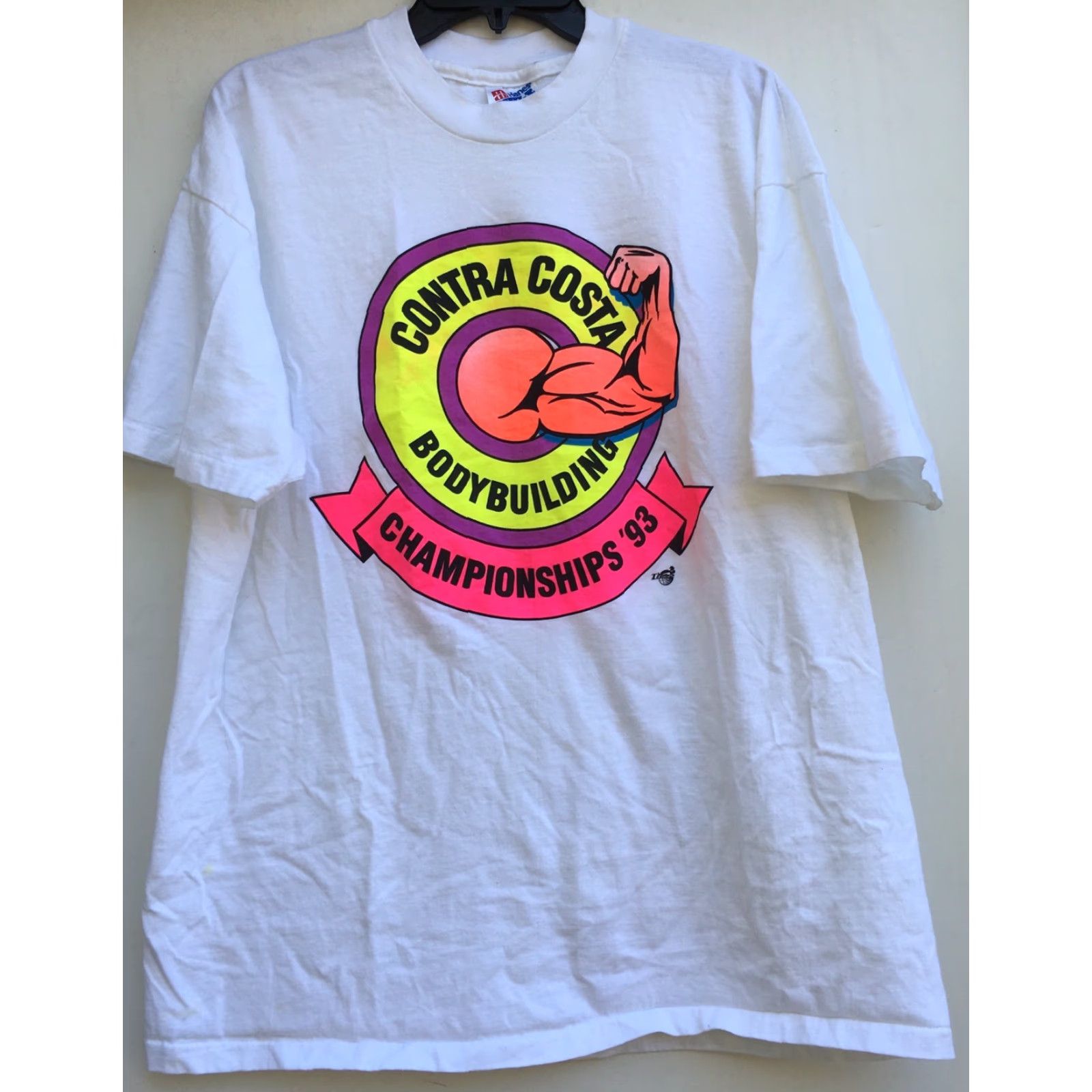 Vintage VINTAGE Hanes Beefy-T Contra Costa Bodybuilding Championships '93 T-Shirt 90s Neon Graphics XL White Mens Graphic Tee 1990s Size US XL / EU 56 / 4 - 3 Thumbnail