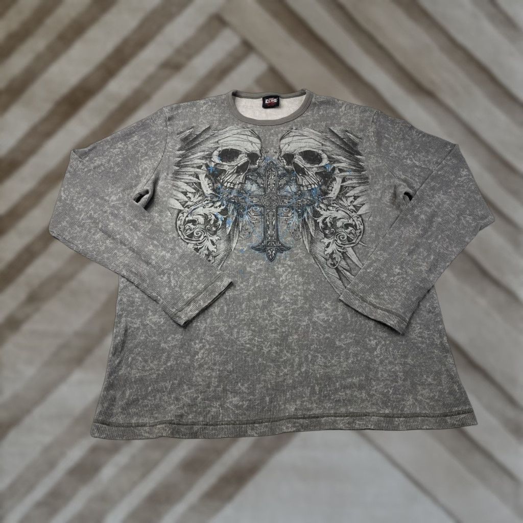 VINTAGE MMA Elite Skull Shirt Mens 2XL Gray Long Sleeve Thermal Crew Neck