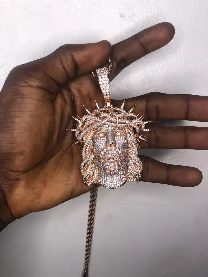 Rose Gold Iced Out Ratten Jesus Necklace Pendant 40cm Chain