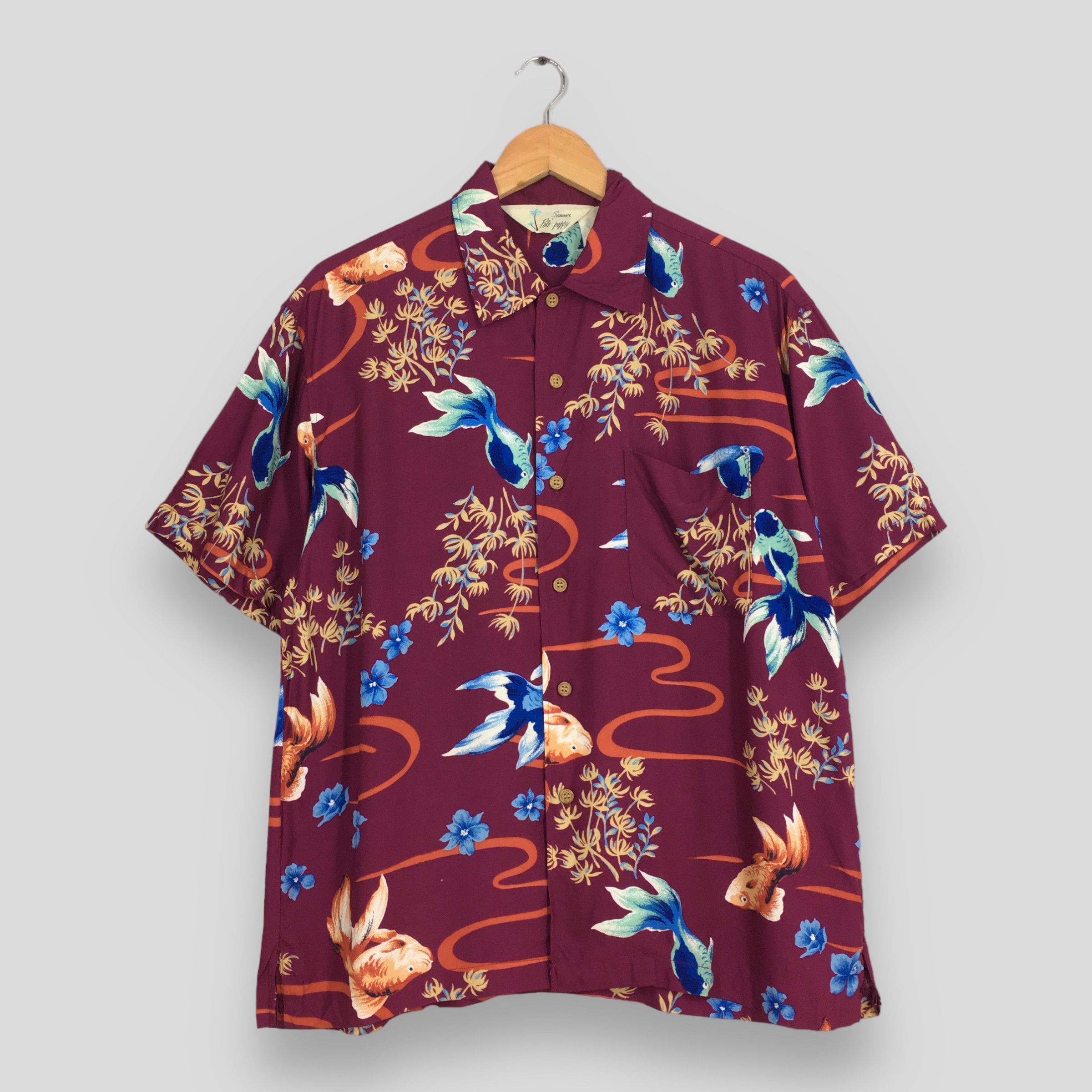image of Aloha Wear x Hawaiian Shirt Vintage Hawaiian Aloha Japanese Gold Fish Rayon Shirt Size M, Men's