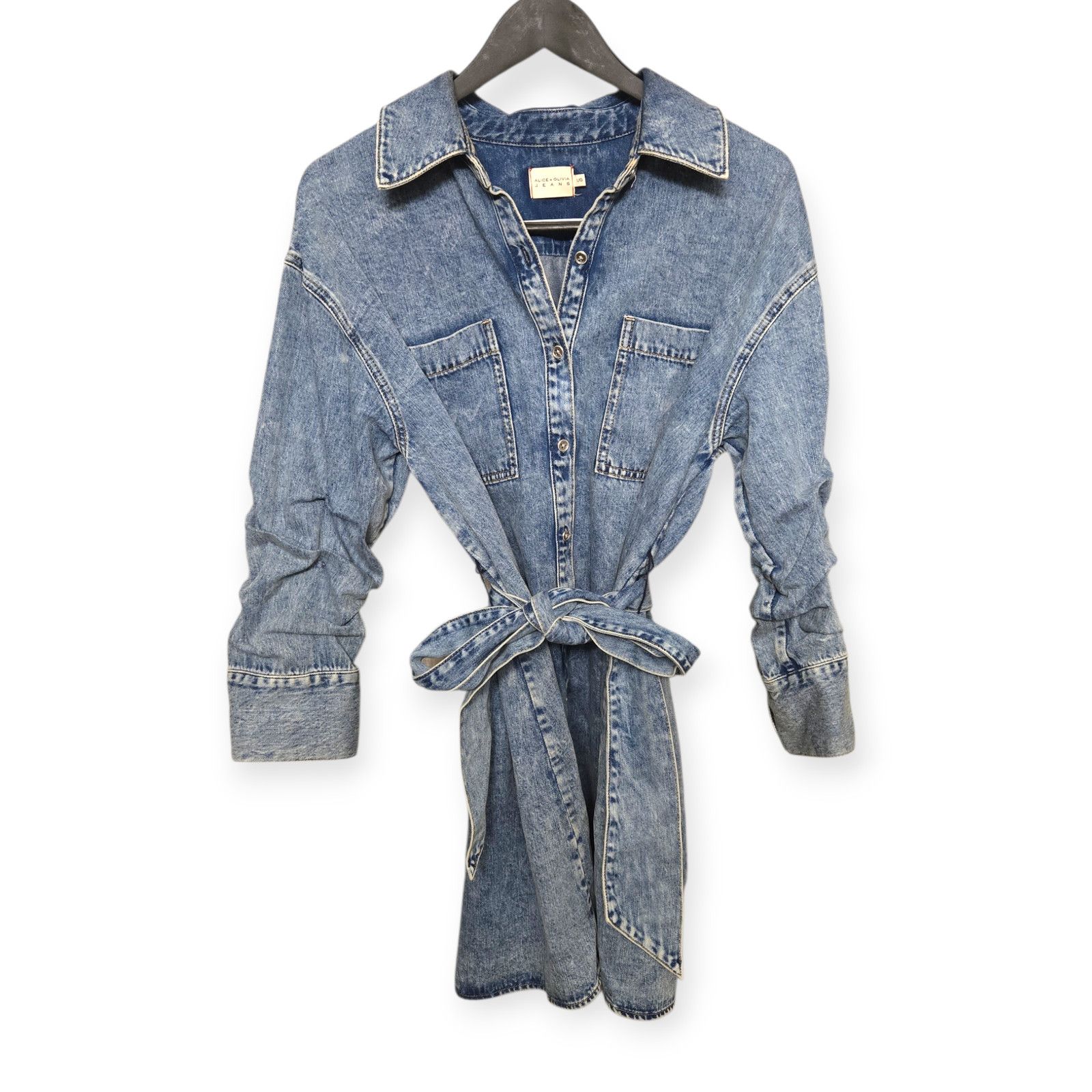 Alice + Olivia Alice + Olivia Belted Denim Mini Shirt Dress‎ Size L / US 10 / IT 46 - 4 Thumbnail