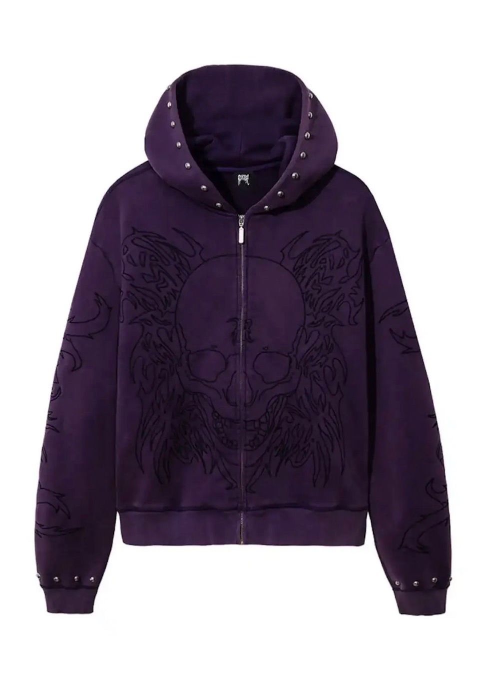 Pre-owned Revenge Embroidered Tribal Zip Up Skull Hoodie Washed Purple