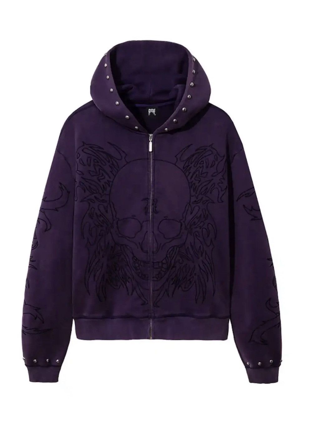 image of Revenge Embroidered Tribal Zip Up Skull Hoodie Washed Purple, Men's (Size XL)