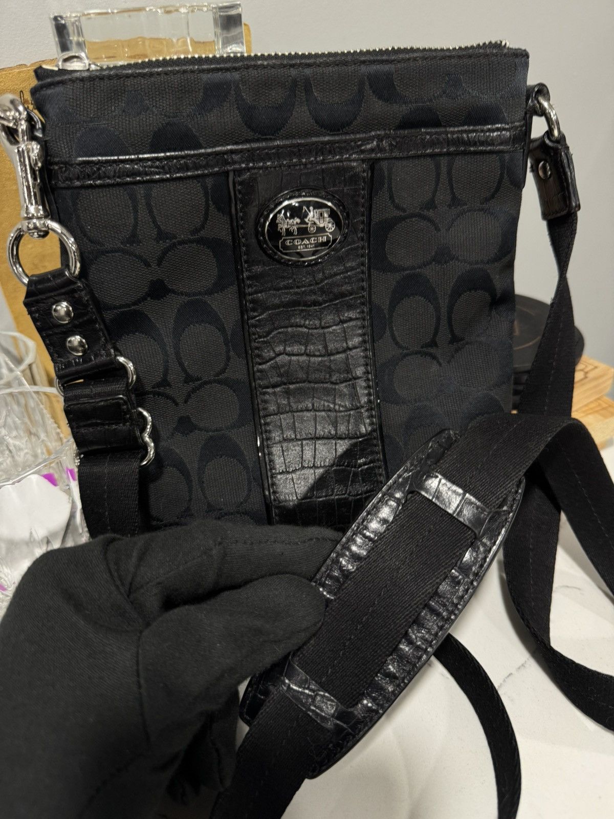 Coach Coach Black Signature Monogram Crossbody Bag w/ Croc Trim Size ONE SIZE - 3 Thumbnail