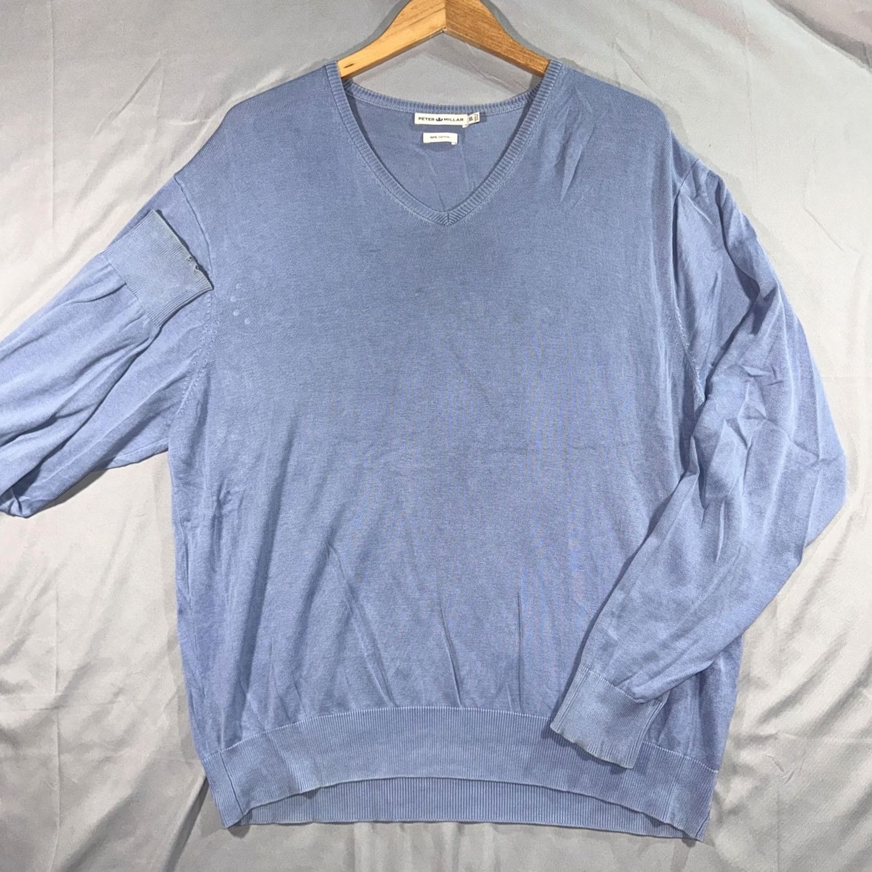 Peter Millar Peter Millar Sweater V-Neck XL Light Blue 100% Cotton Men Long Sleeve Knit Pullover Regular Fit Size US XL / EU 56 / 4 - 2 Thumbnail
