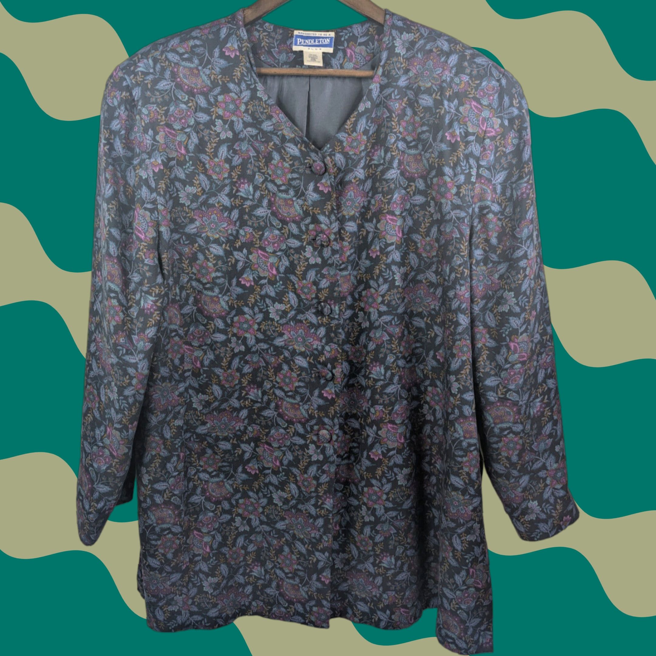 Pendleton VINTAGE Pendleton Plus Women's 20W Navy Floral Button Blouse V-Neck Shirt Rayon Size 3XL / US 20-22 - 1 Thumbnail