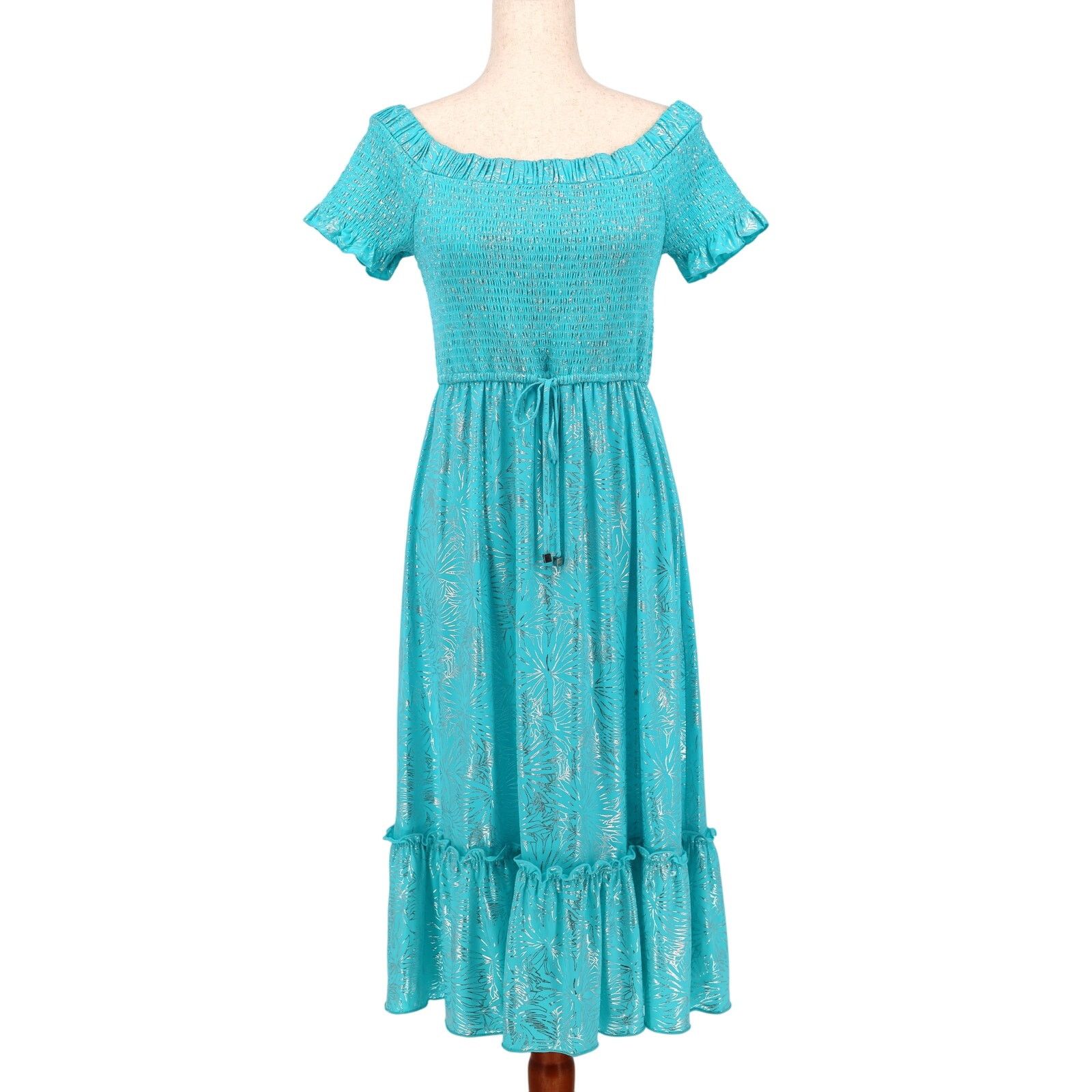 Michael Kors Michael Kors Women Turquoise Foil Smocked Midi Dress Size XS Size XS / US 0-2 / IT 36-38 - 1 Thumbnail