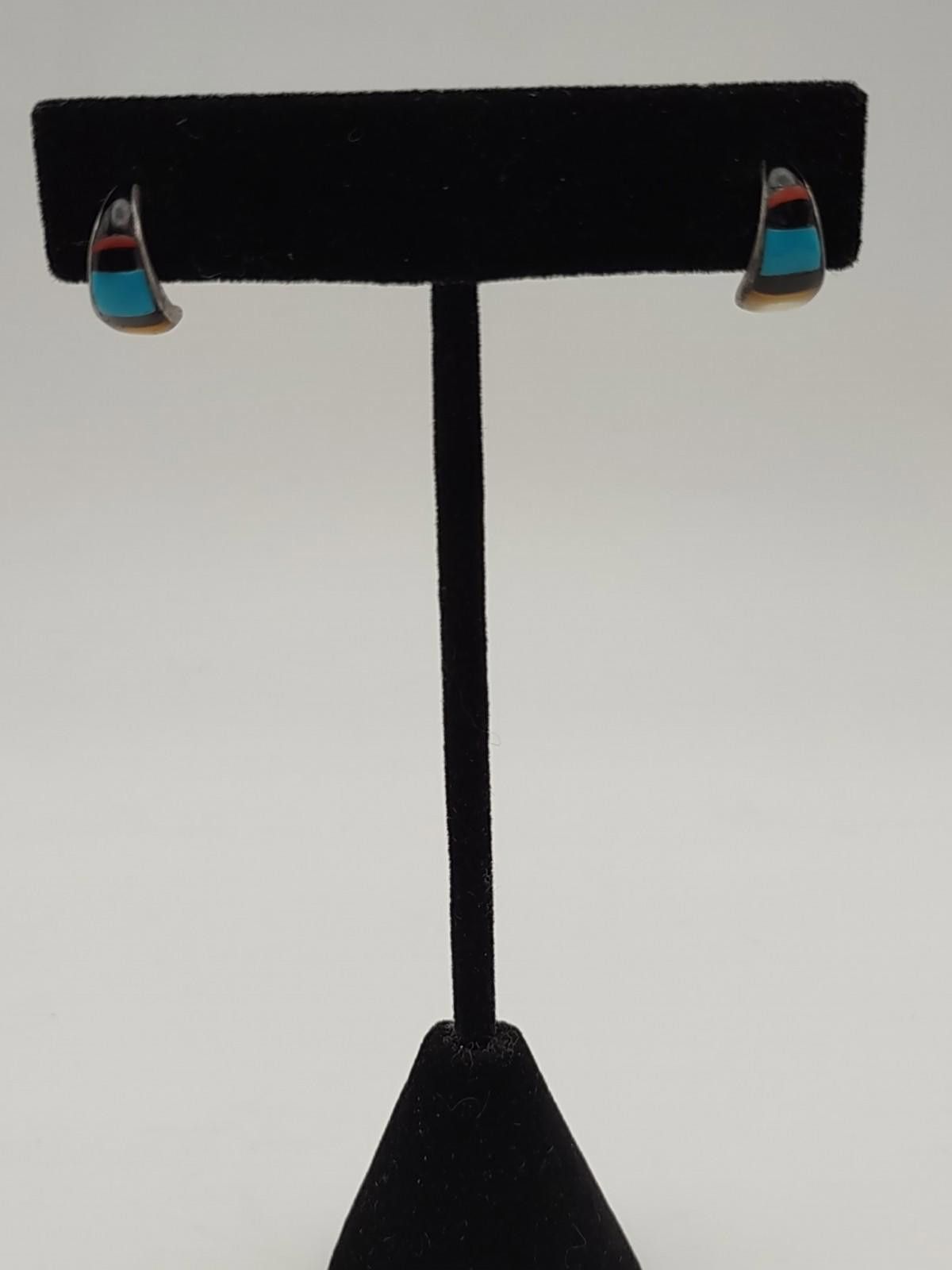 The Unbranded Brand 1.4g Vtg Sterling Silver Multi Stone Southwestern J-Hoops Size ONE SIZE - 1 Thumbnail