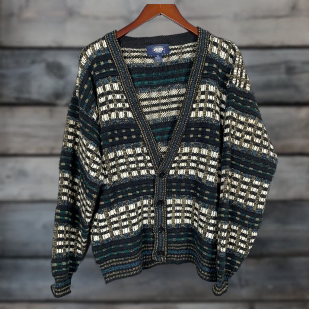 Vintage VINTAGE Textured Check Pattern Cardigan Sweater Mens Large Black Green 90s Retro Preppy Size US L / EU 52-54 / 3 - 1 Thumbnail