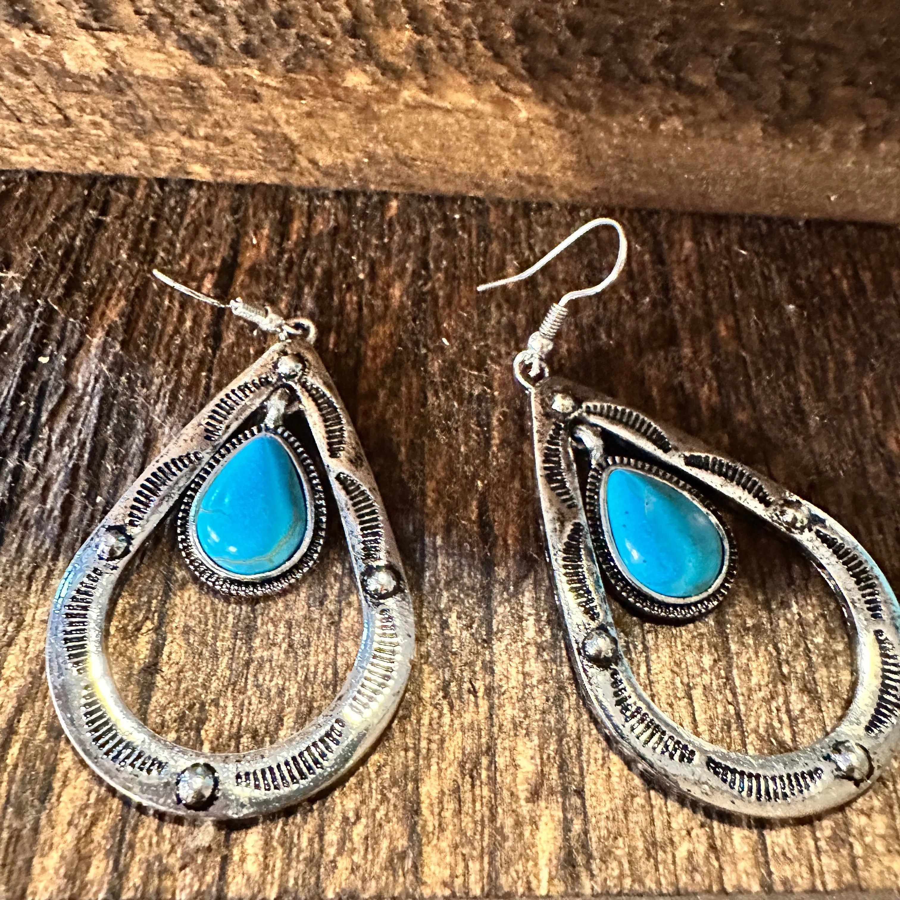 Other Boho Hippie Cowgirl Western Stamped Turquoise Teardrop Silve Size ONE SIZE - 6 Thumbnail