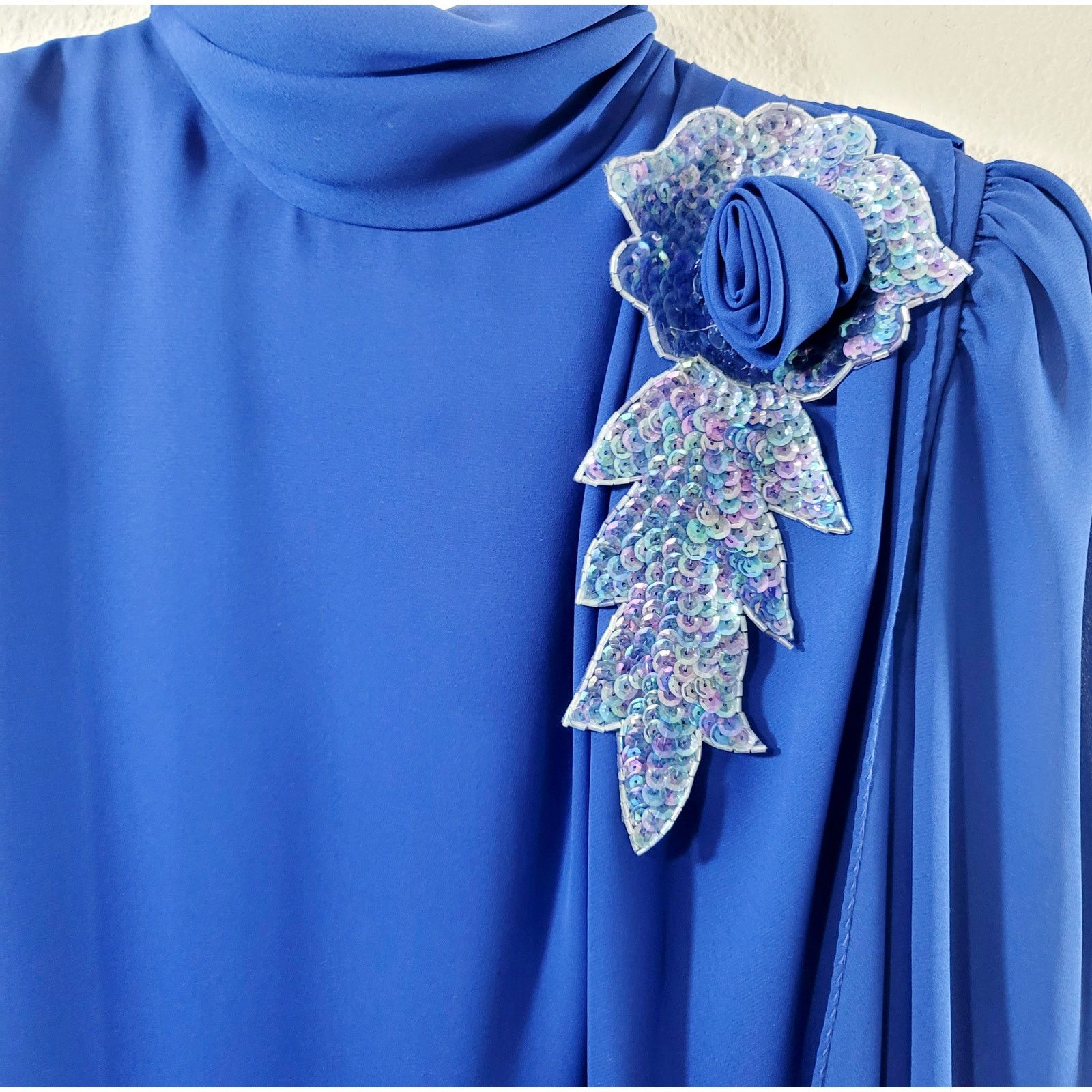 Other VTG After Dark Blue Pleated Cross Over Ruffle Dress Large Size L / US 10 / IT 46 - 8 Thumbnail