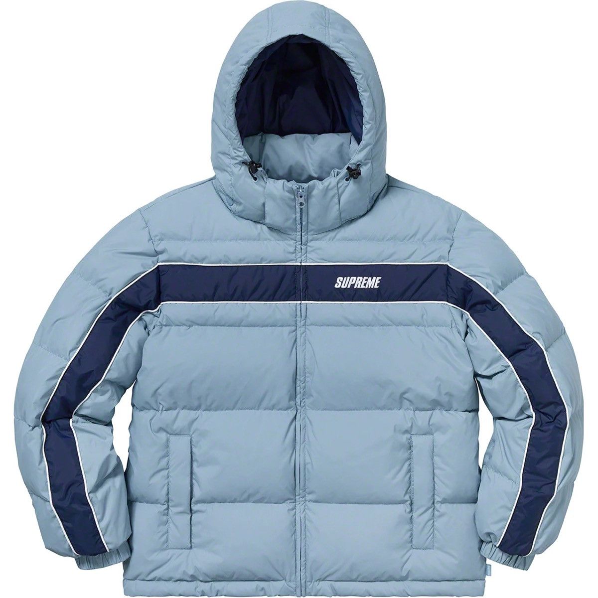 image of Supreme Stripe Panel Down Jacket 2018 Puffer Coat in Baby Blue, Men's (Size Medium)
