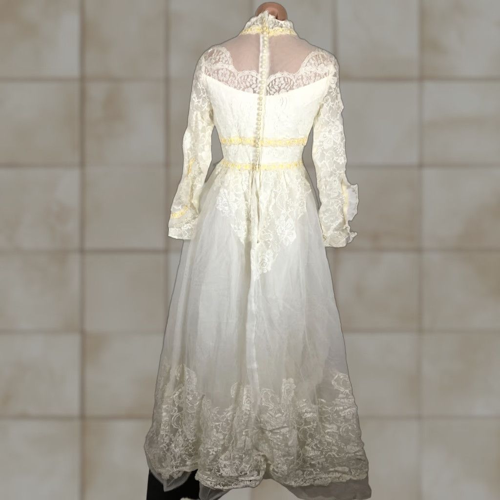 Vintage VTG Alfred Angelo Dress Ball Gown S/m Ivory Lace Illusion Long Sleeve High Neck A-Line Empire Wedding Dress Boho Princess 60S in White