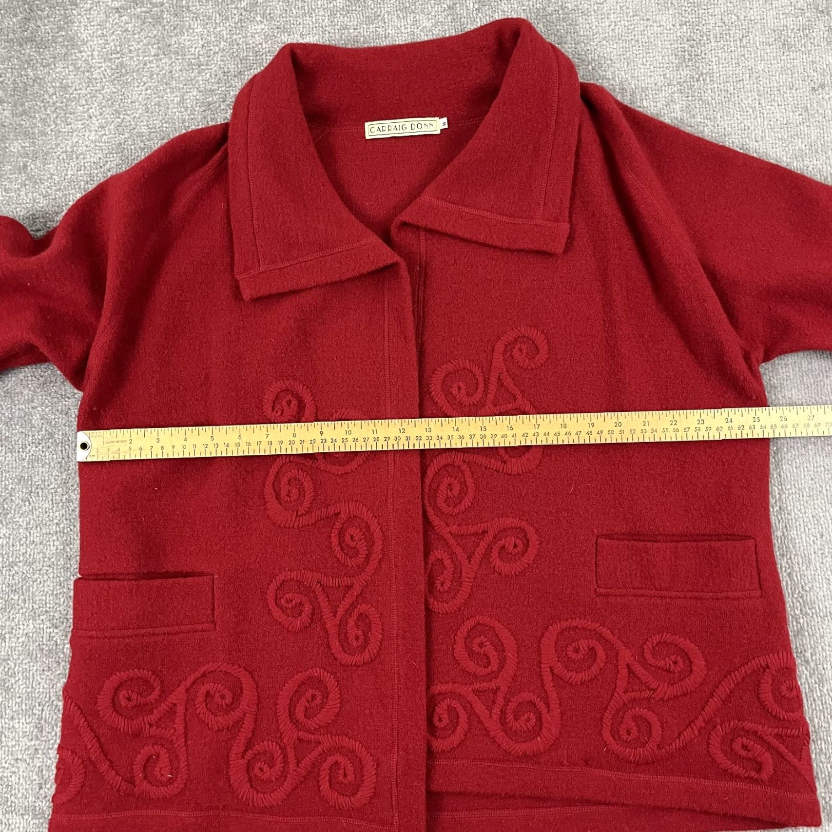 VINTAGE Carraig Donn Sweater Mens M Oversized Red Knit Stitched Wool Open Front Pullover