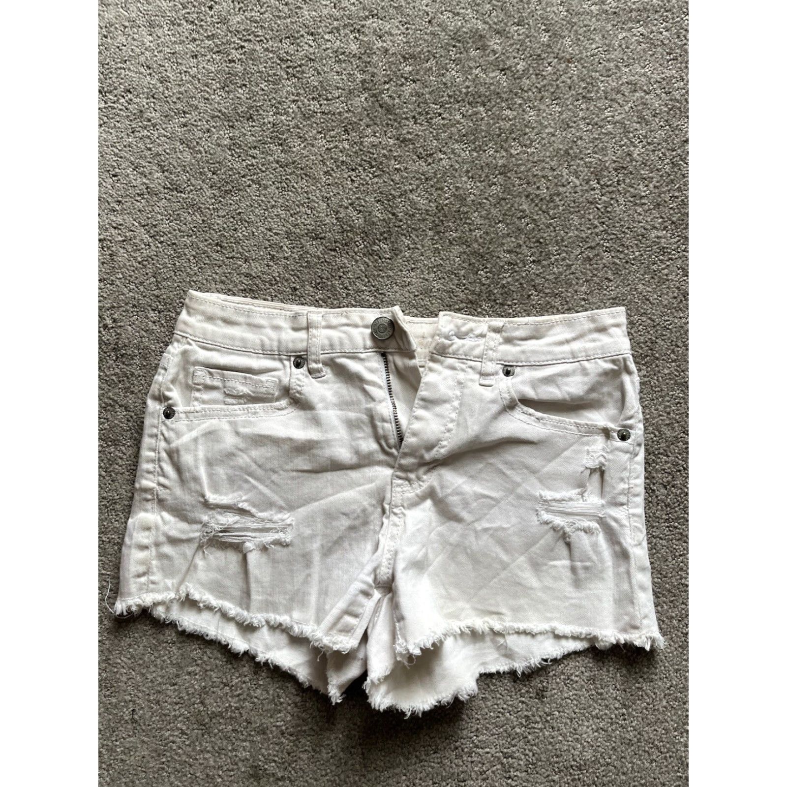 Vintage Aéropostale White Denim Shorty Shorts Womens 0 Hi Rise Distressed Daisy Duke Shirt Size 25" / US 0 / IT 36 - 2 Thumbnail