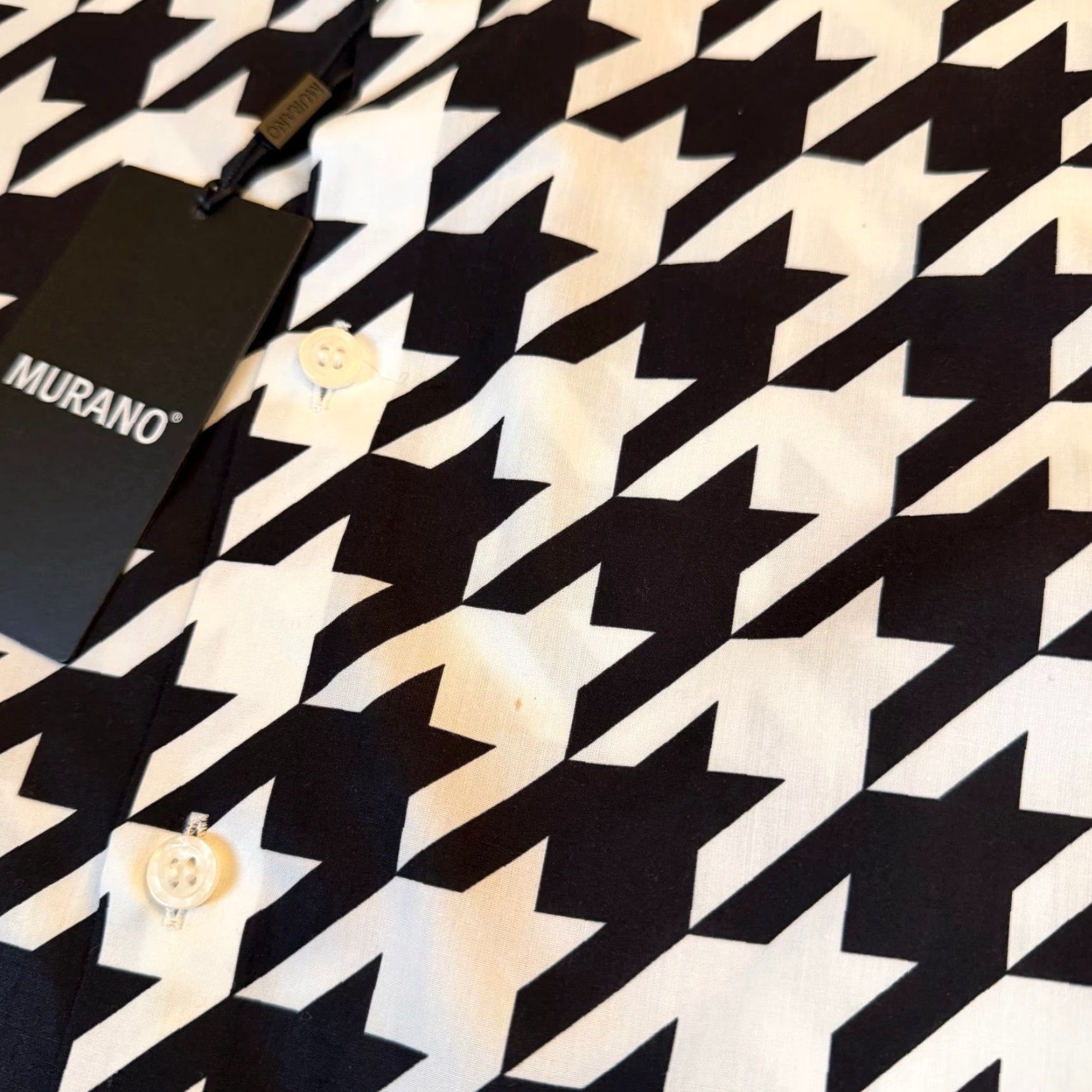 Murano Murano Button-Front Shirt Geometric Houndstooth 100% Cotton Multicolor Black White Green Big & Tall 2XB Mens NWT Size US XXL / EU 58 / 5 - 2 Thumbnail