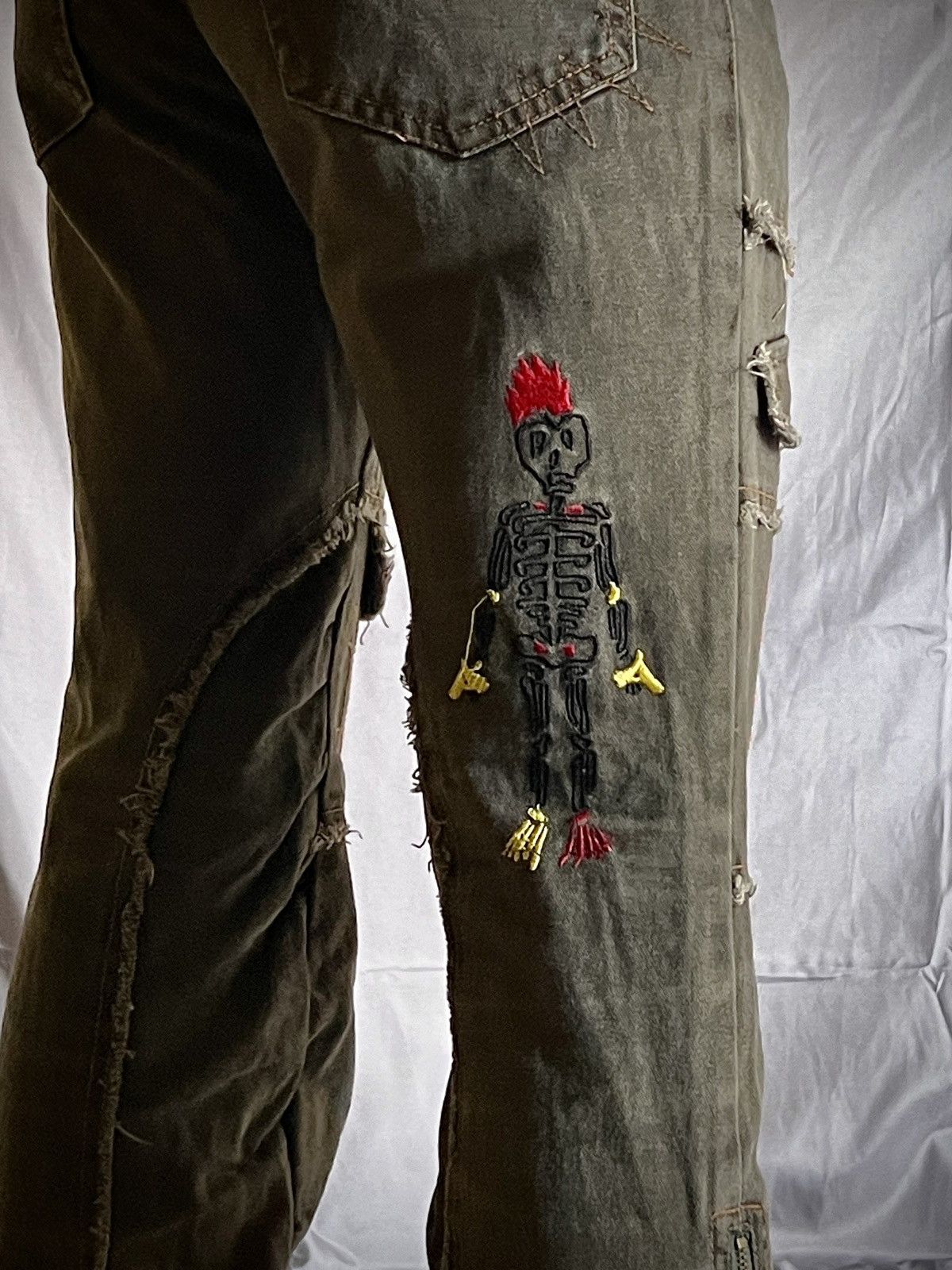 Japanese Brand Algonquins Visual Kei Mohawk Skeleton Distressed Flare Jeans Size US 31 - 6 Thumbnail