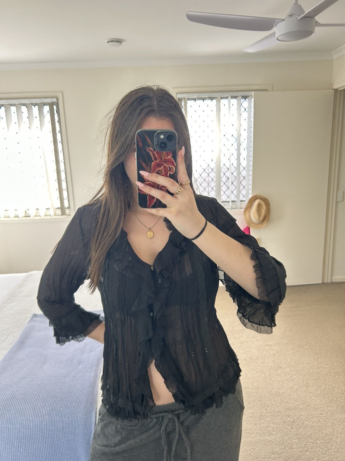 Other Vintage Sheer Black Frilled Blouse Size M / US 6-8 / IT 42-44 - 4 Thumbnail
