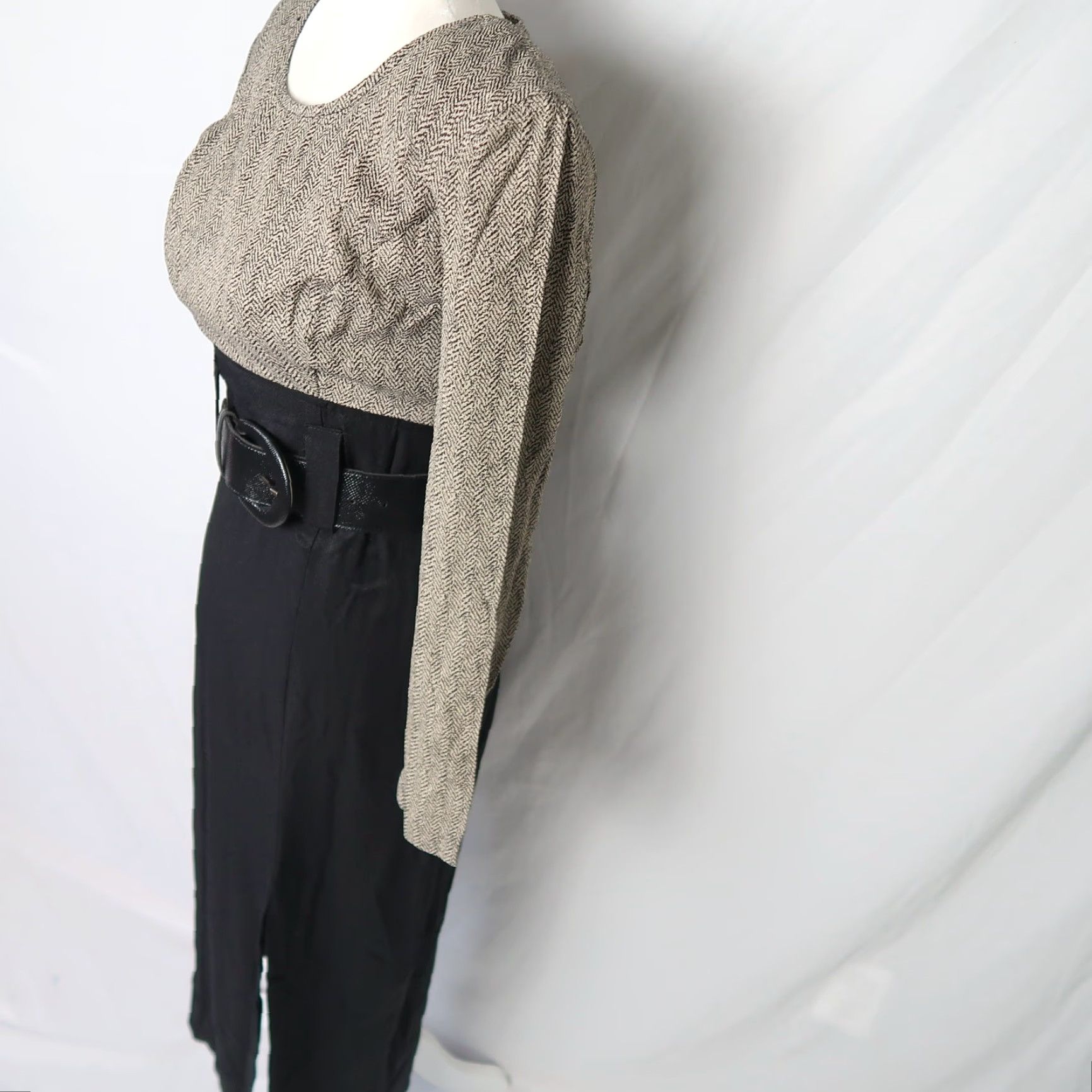 Vintage VINTAGE All That Jazz Dress 80s Herringbone Long Sleeve Midi Black Tan 6 Women Size M / US 6-8 / IT 42-44 - 3 Thumbnail