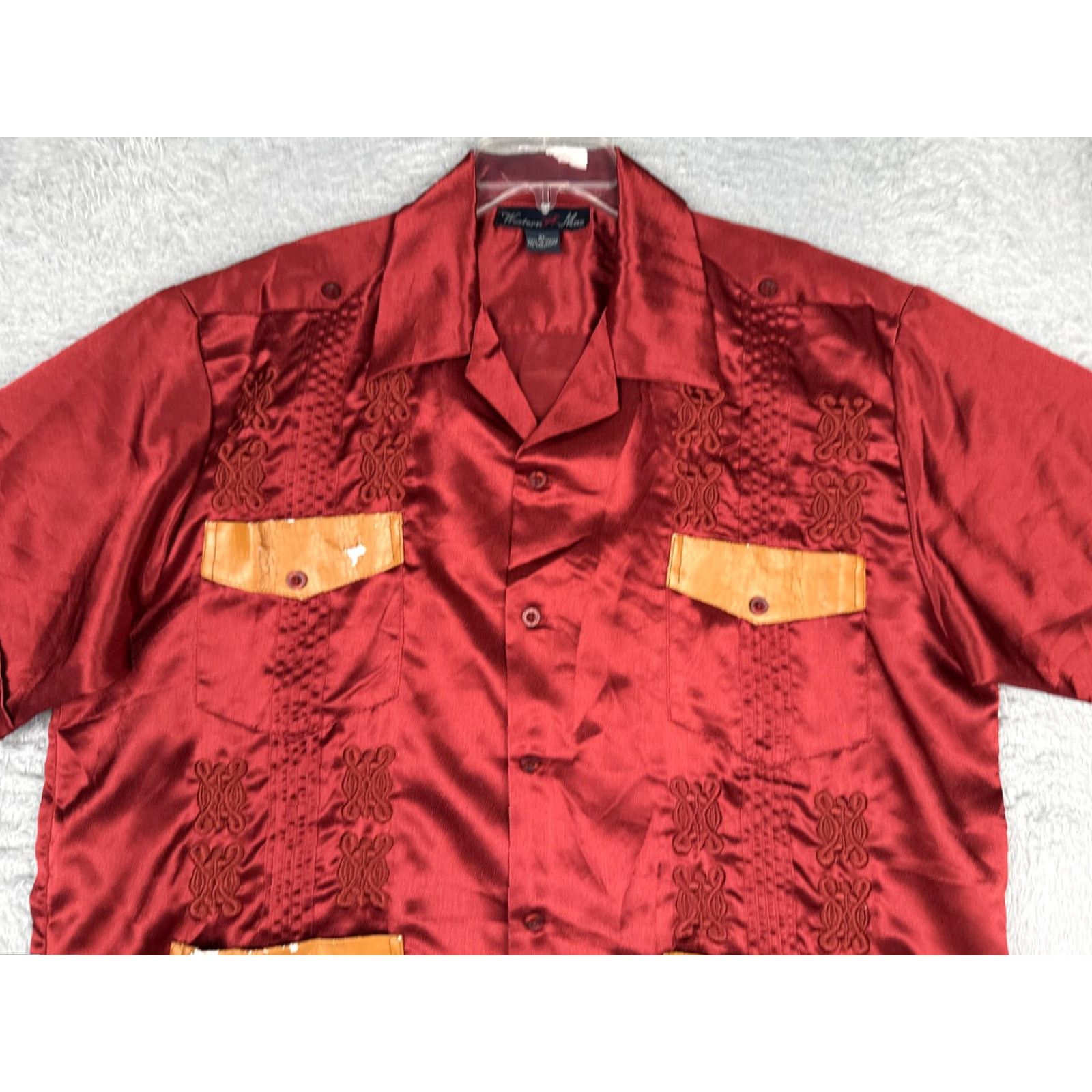 Vintage Western Max Shirt Mens XL Red Satin Short Sleeve Button Up Embroidered Pockets Size US XL / EU 56 / 4 - 4 Thumbnail