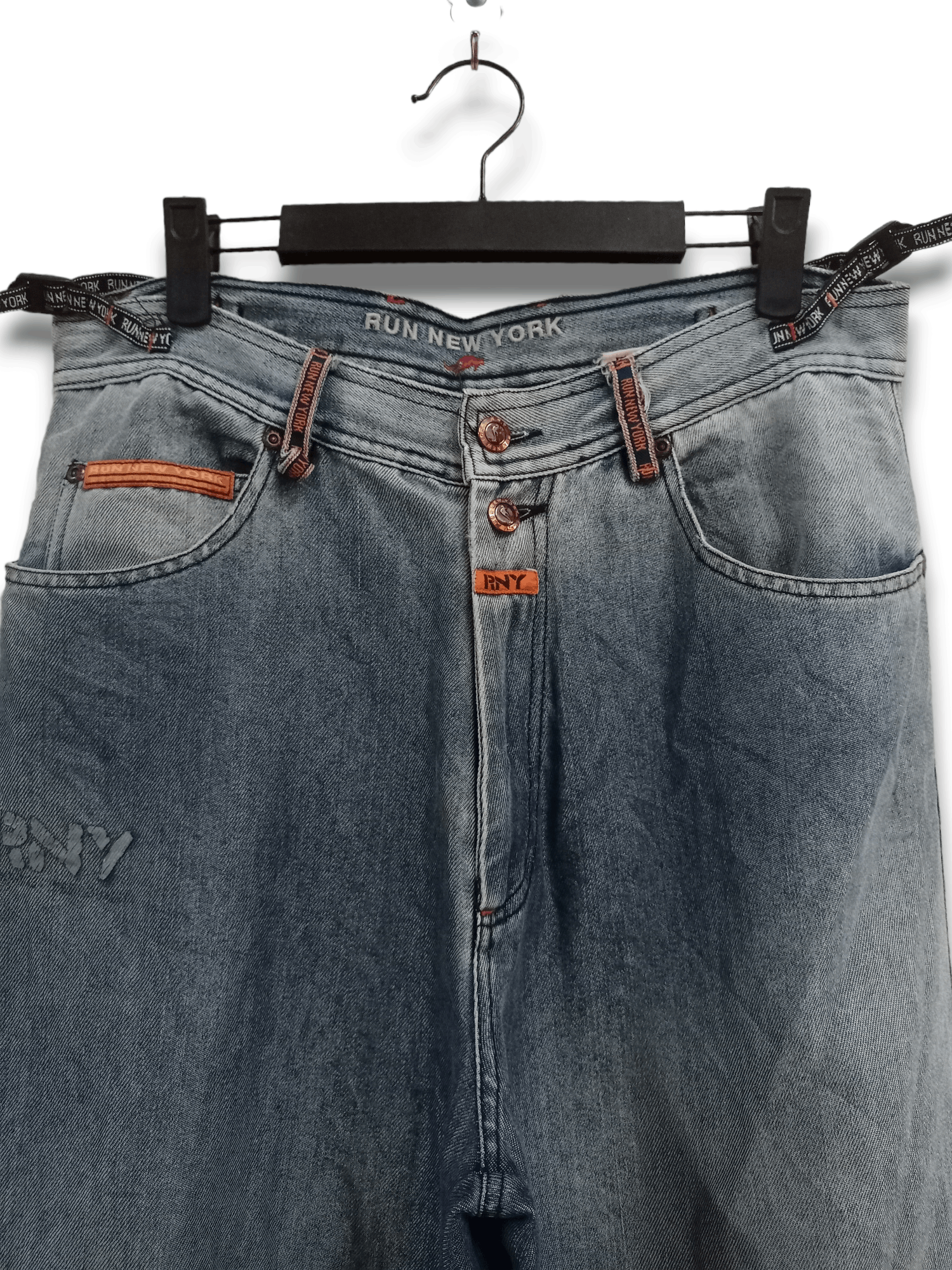 Japanese Brand Vintage Run New York Blue Wash Side Adjusters Baggy Jeans Size US 31 - 5 Thumbnail