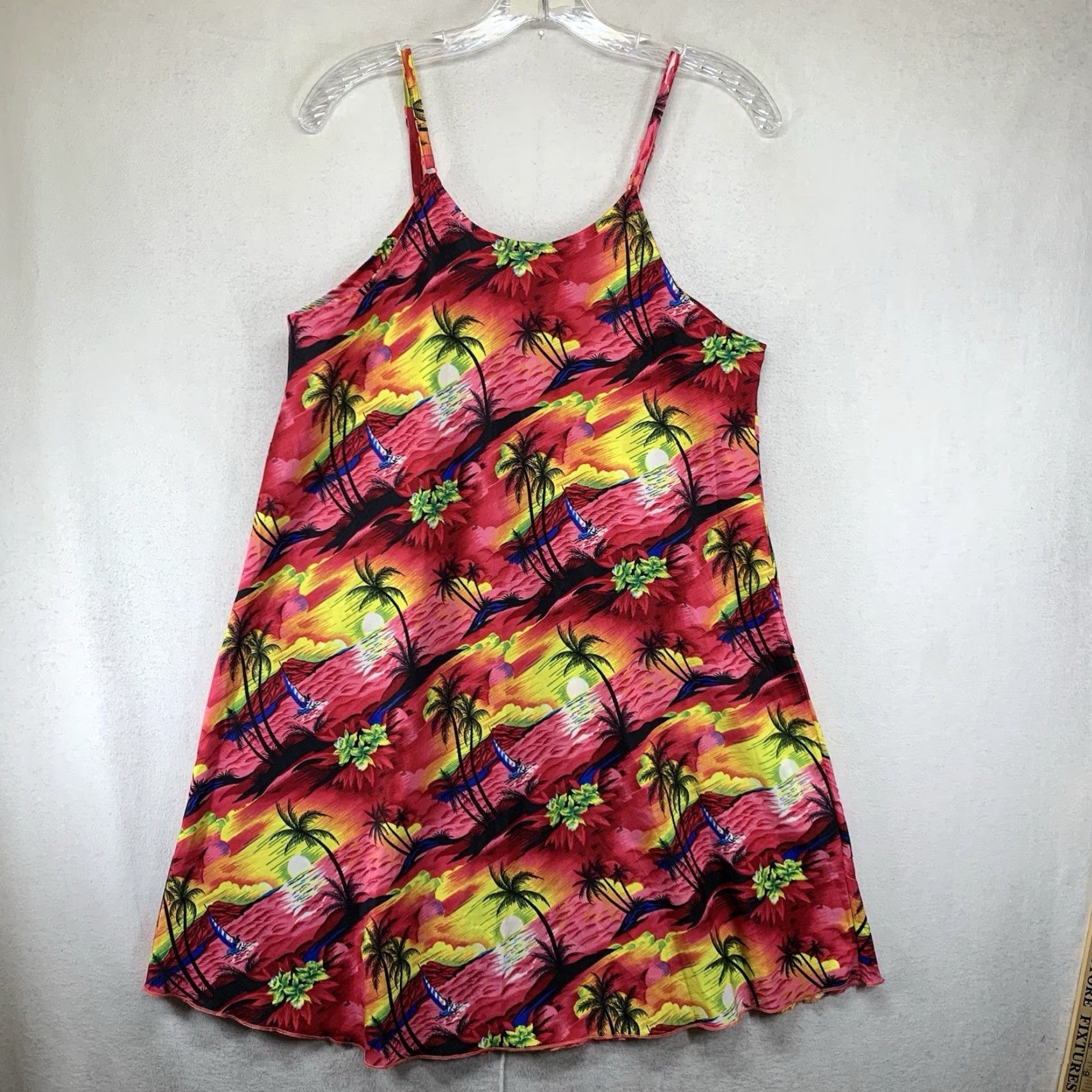 Vintage VINTAGE Creations Women's Hawaiian Top Mini Dress Sundress 70s Retro Floral Pink Sleeveless Scoop Neck Pullover Adjustable Straps Short Dress Size M / US 6-8 / IT 42-44 - 2 Thumbnail