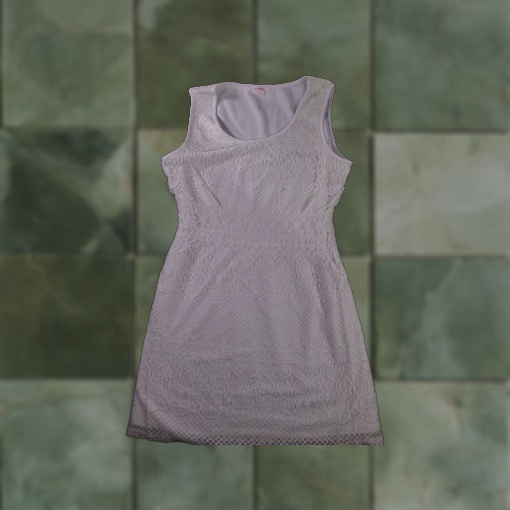 Vintage Pinky White Lace Sleeveless Sheath Dress L Womens Party Cocktail Lined Nylon/Spandex/Polyester Summer 35 in Scoop Neck Lace Pattern Size L / US 10 / IT 46 - 1 Thumbnail