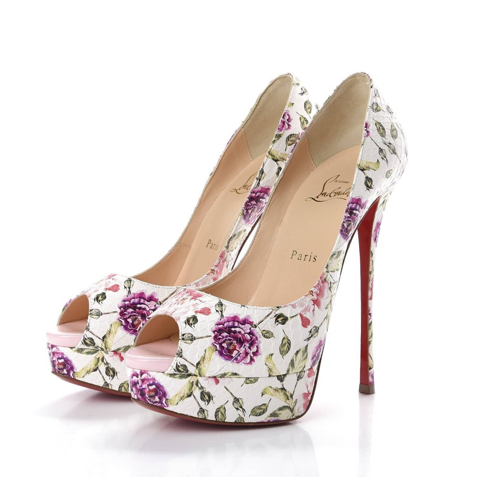 image of Christian Louboutin Fetish Peep Toe 150 Latte Watersnake Floral Pumps 40 Shoes in White, Women's (S