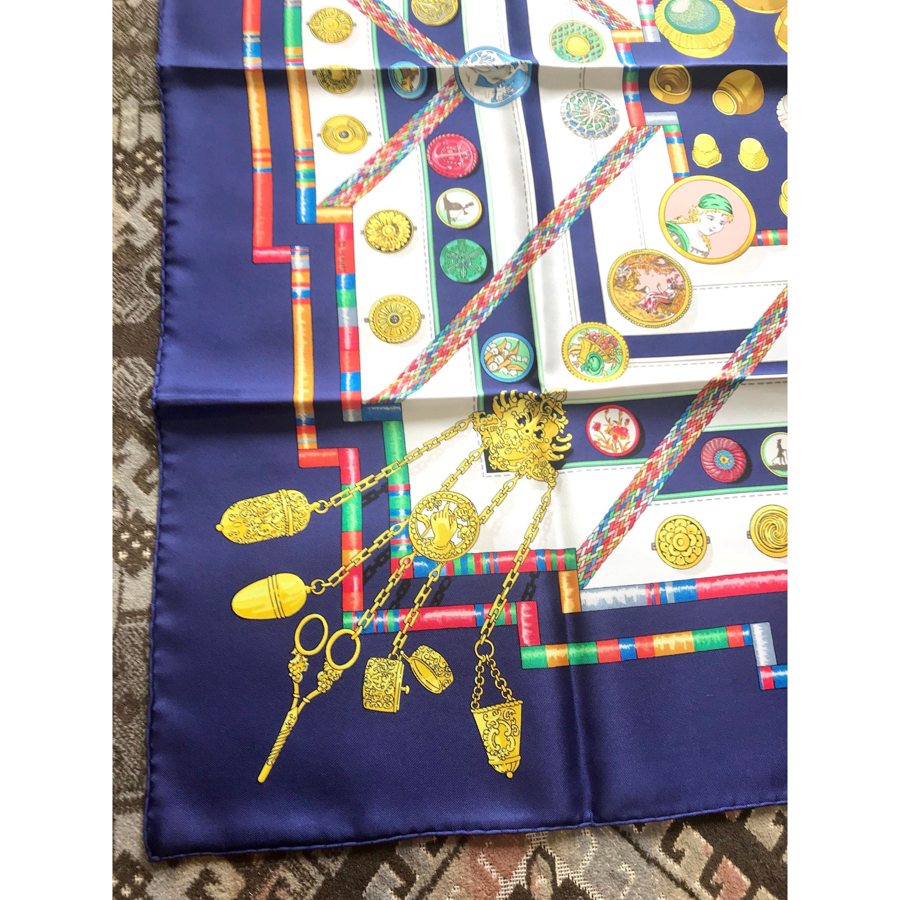 Hermes Vintage HERMES Carre navy silk scarf with yellow, pink, gree Size ONE SIZE - 5 Thumbnail