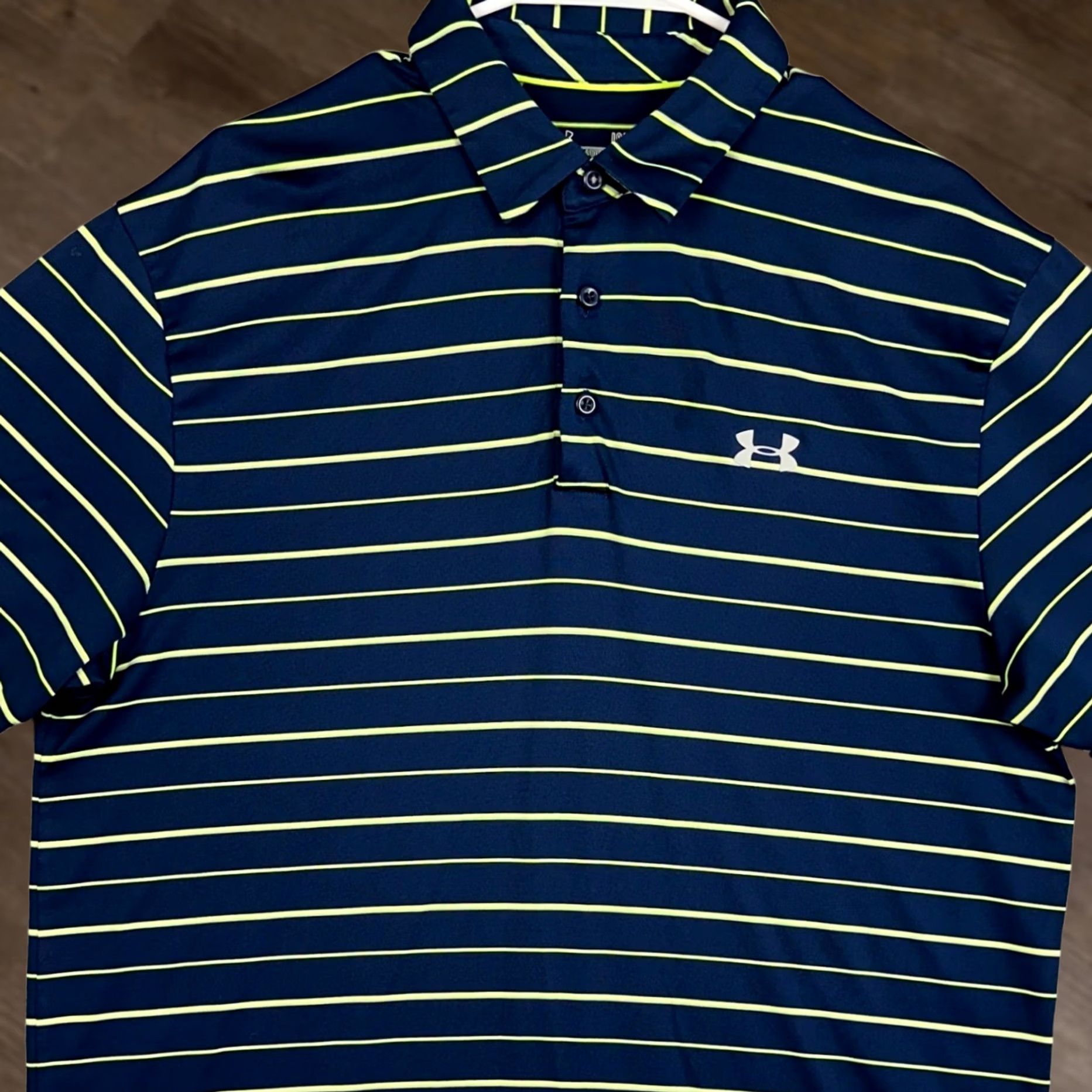 Under Armour Under Armour Polo Shirt Mens L Navy Neon Green HeatGear Golf Striped Rugby Size US L / EU 52-54 / 3 - 1 Thumbnail