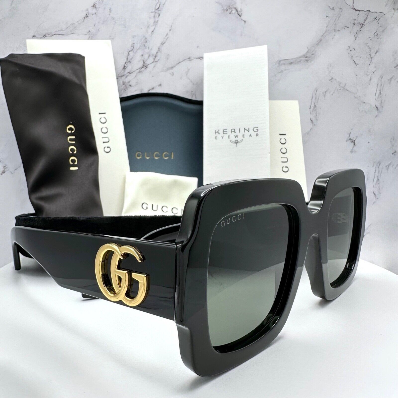 Gucci Sunglasses New Black Oversized Gold Metal GG Authentic