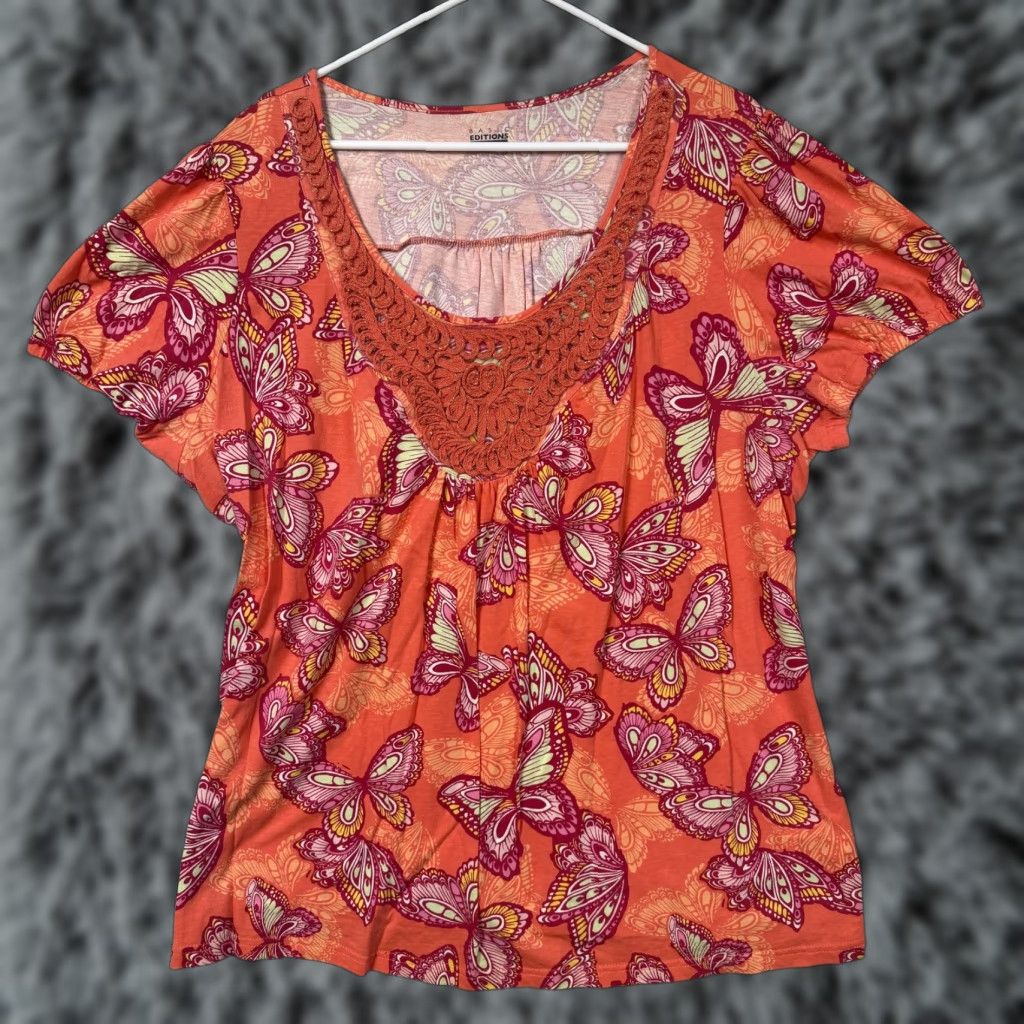 Basic Editions VINTAGE: Basic Editions Tunic Top Womens 3X Orange Butterfly Crochet Boho Cottagecore Size XXL / US 16-18 / IT 52-54 - 1 Thumbnail