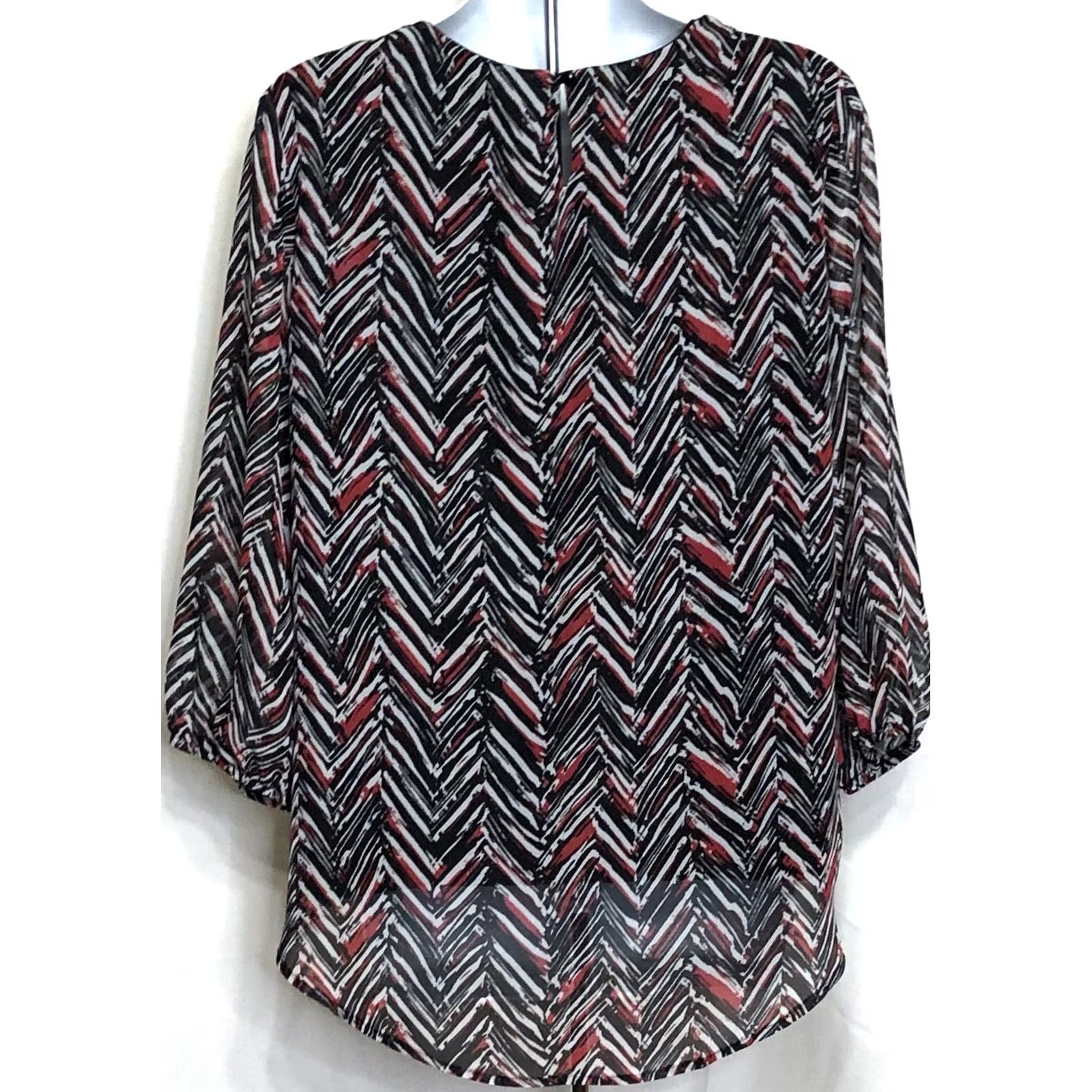 Vintage Anyx Chiffon L Blk/red Mod Geo cut out Neck Balloon Hi Lo Hem 3/4 sleeve Blouse Women XS-MLarge? Size L / US 10 / IT 46 - 3 Thumbnail