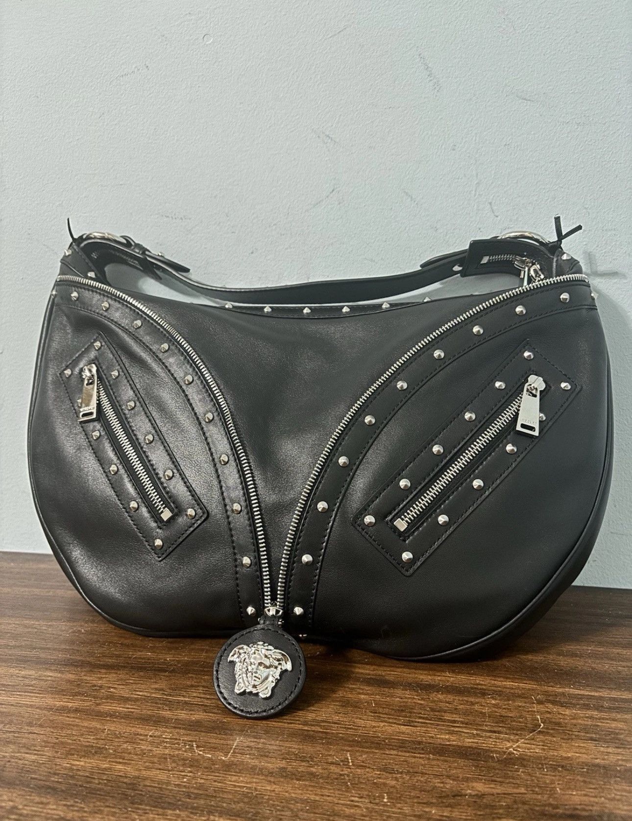 Versace Versace Studded Repeat Medium Hobo Bag Black Size ONE SIZE - 1 Thumbnail