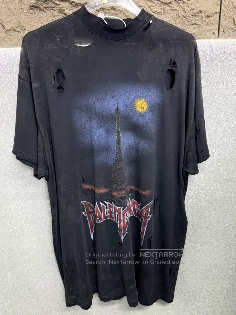 Balenciaga Black Eiffel Tower Night Scene Distressed Short
