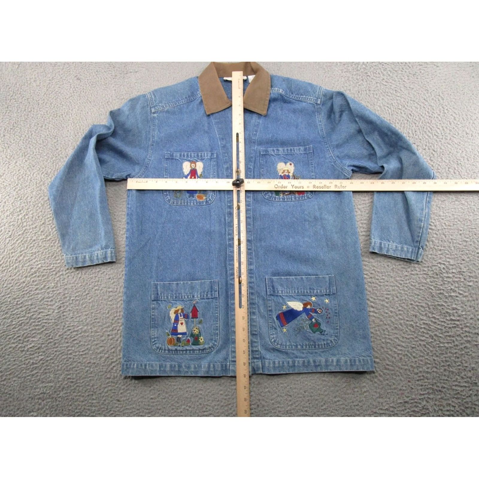 Vintage Christopher & Banks Women's Jacket Denim Blue Embroidered Angels 90s M Denim Jacket Mid-Length Button Cotton Lining Pockets Collared Regular Womens Size 32" / US 10 / IT 46 - 5 Thumbnail