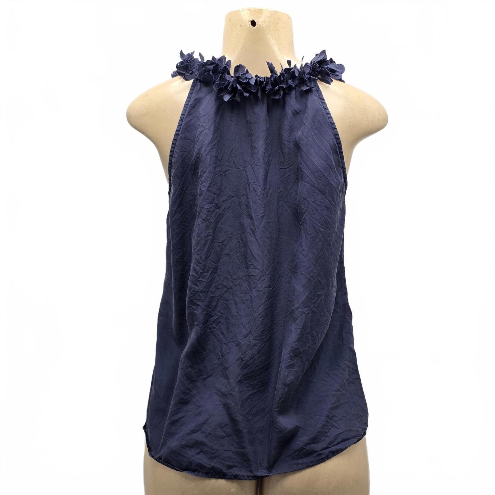 J.Crew J.Crew Navy Blue Silk Blouse Floral Ruffle Neckline Small S Size S / US 4 / IT 40 - 4 Thumbnail