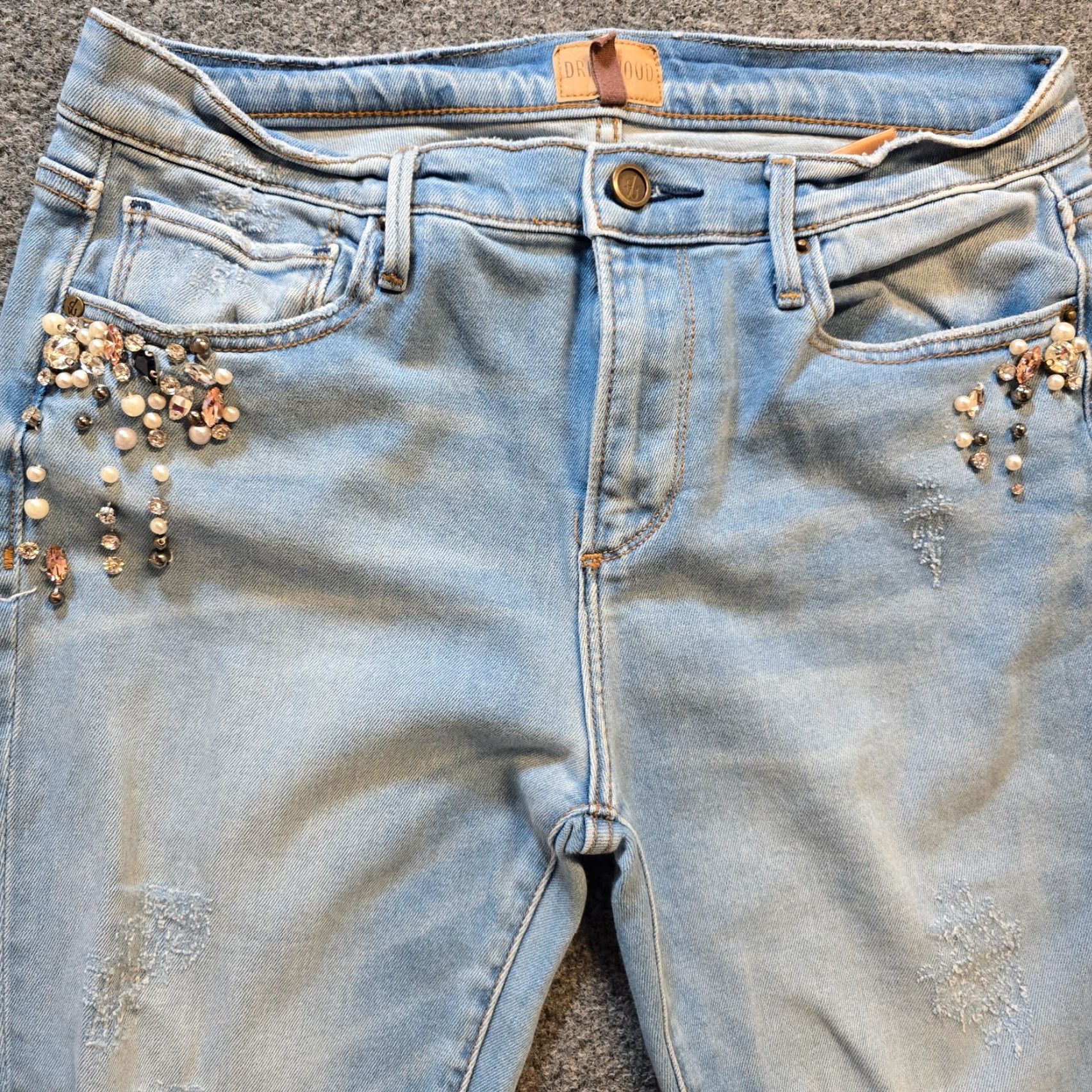Vintage Driftwood Jeans Womens Size 29 Blue Rhinestones Pearls Distressed Jackie Skinny Bohemian Size 29" - 4 Thumbnail