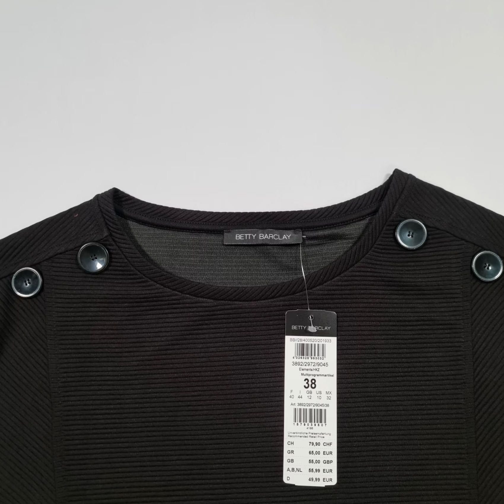 Vintage Betty Barclay Womens T Shirt Black 12 3/4 Sleeve Relaxed Fit Ribbed Top Size XL / US 12-14 / IT 48-50 - 2 Thumbnail
