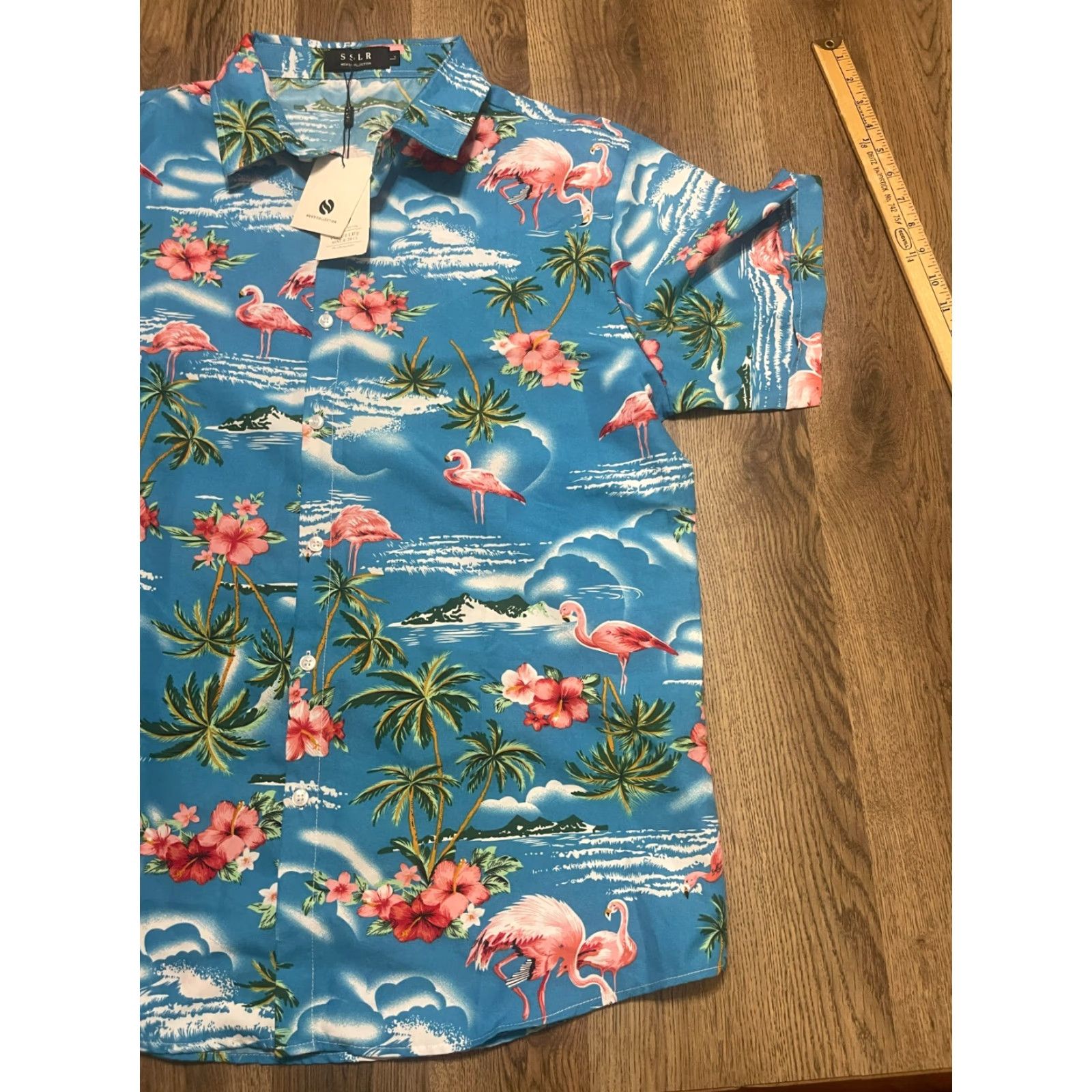 Vintage SSLR Shirt Men's Large Blue White Pink Green Palm Tree Flamingo Button Up Size US L / EU 52-54 / 3 - 4 Thumbnail