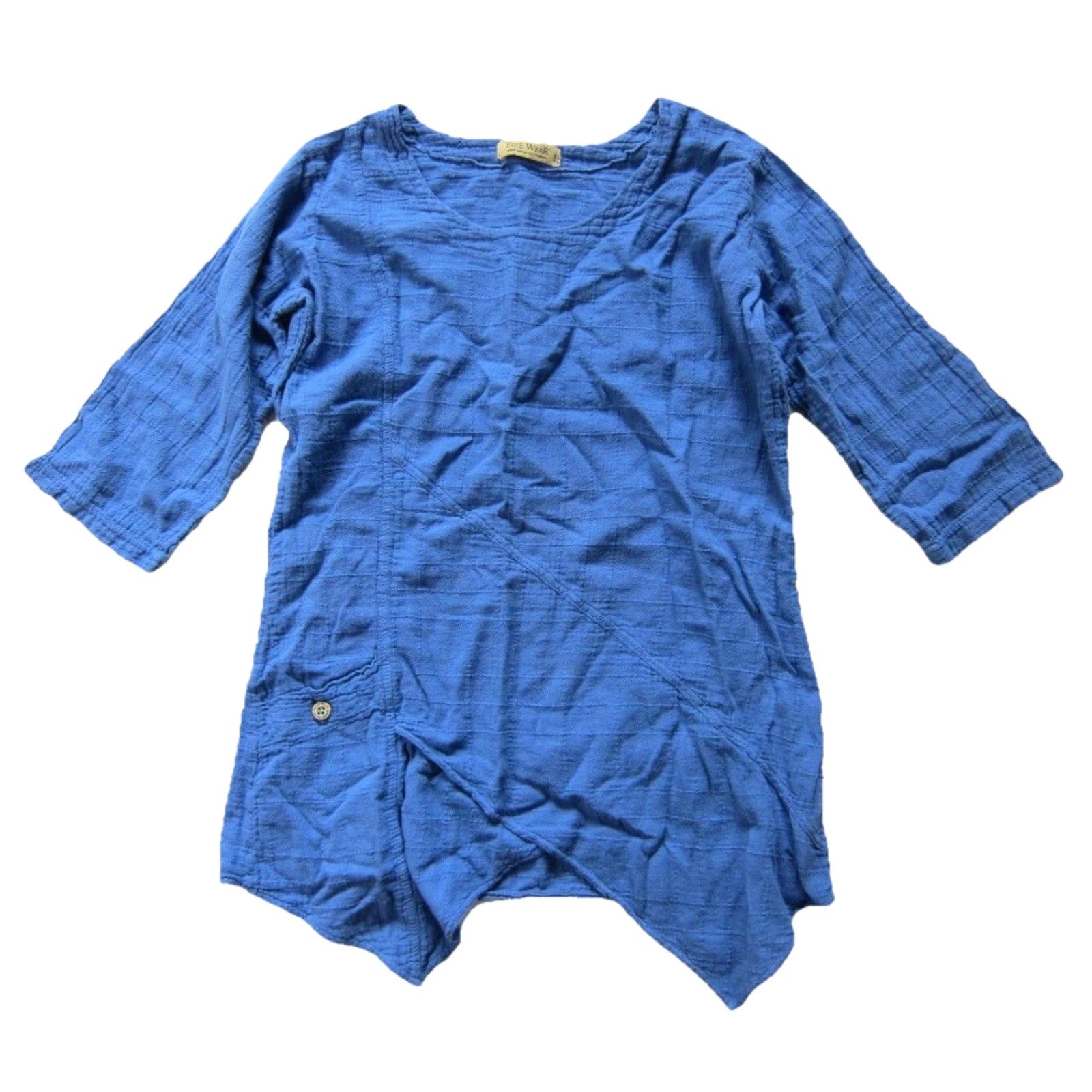 Vintage Ezze Wear 100% Cotton Blue Pocket Asymmetric 3/4 Sleeve Tunic Blouse Medium Size M / US 6-8 / IT 42-44 - 2 Thumbnail
